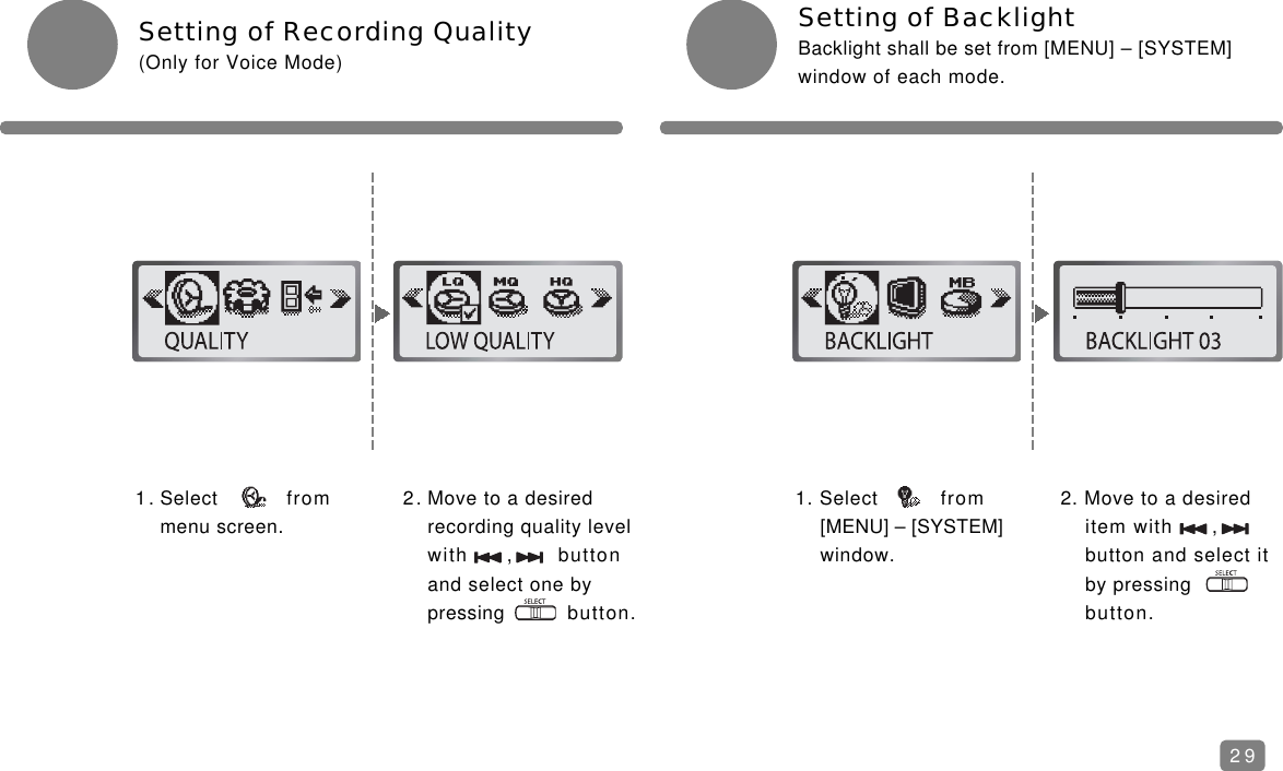 Setting of BacklightBacklight shall be set from [MENU] &ndash; [SYSTEM]window of each mode.1. Select  from menu screen.Setting of Recording Quality(Only for Voice Mode)2. Move to a desired recording quality level with ,        button and select one by pressing button.1. Select from [MENU] &ndash; [SYSTEM] window.2. Move to a desired item with ,    button and select it by pressingbutton.29