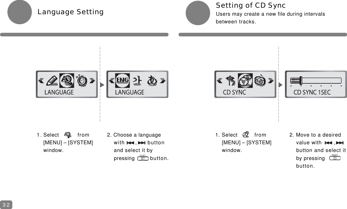 Setting of CD SyncUsers may create a new file during intervalsbetween tracks.1. Select from [MENU] &ndash; [SYSTEM] window.Language Setting 2. Choose a language with ,       button and select it by pressing button.1. Select from [MENU] &ndash; [SYSTEM] window.2. Move to a desired value with ,  button and select it by pressingbutton.32