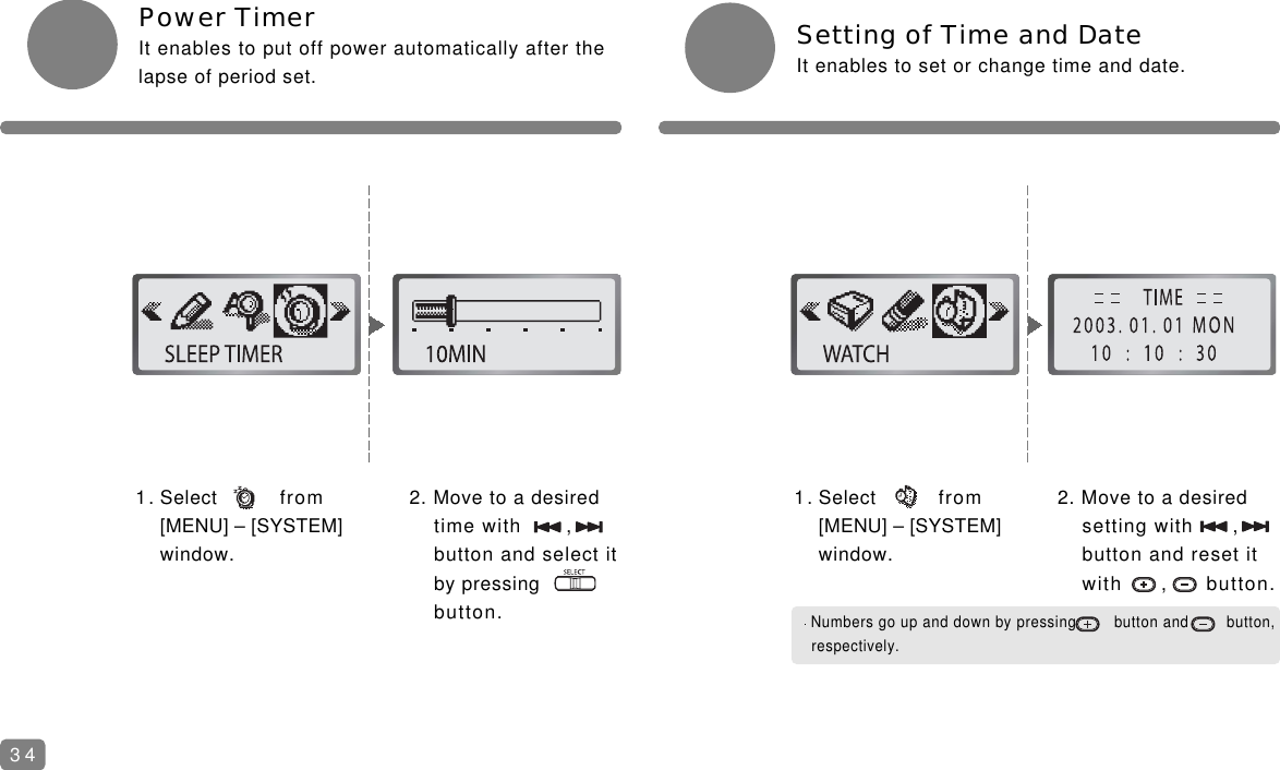 Setting of Time and DateIt enables to set or change time and date.1. Select from [MENU] &ndash; [SYSTEM] window.Power TimerIt enables to put off power automatically after thelapse of period set.2. Move to a desired time with ,   button and select it by pressingbutton.1. Select from [MENU] &ndash; [SYSTEM] window.2. Move to a desired setting with ,   button and reset it with ,       button.Numbers go up and down by pressing        button and        button, respectively.34