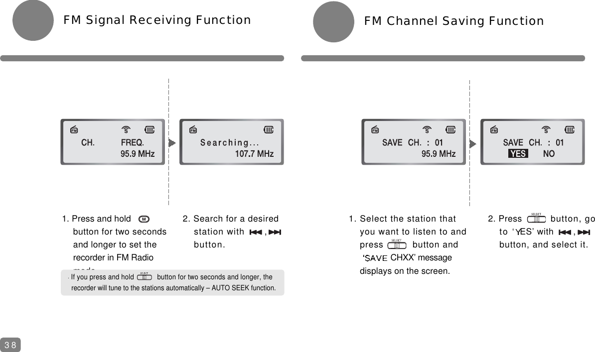 FM Channel Saving Function1. Press and hold            button for two secondsand longer to set the recorder in FM Radio mode.FM Signal Receiving Function2. Search for a desired station with ,    button.1. Select the station thatyou want to listen to and press          button and CHXX&rsquo; message displays on the screen.2. Press button, goto &lsquo; ES&rsquo; with ,   button, and select it.If you press and hold            button for two seconds and longer, the recorder will tune to the stations automatically &ndash; AUTO SEEK function.38