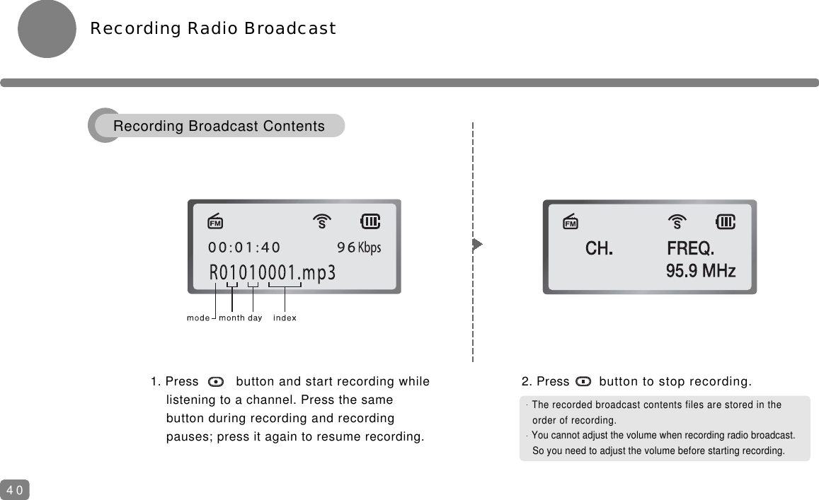 Recording Radio Broadcast1. Press  button and start recording while listening to a channel. Press the same button during recording and recording pauses; press it again to resume recording.2. Press button to stop recording.The recorded broadcast contents files are stored in the order of recording.You cannot adjust the volume when recording radio broadcast.So you need to adjust the volume before starting recording.40Recording Broadcast Contents
