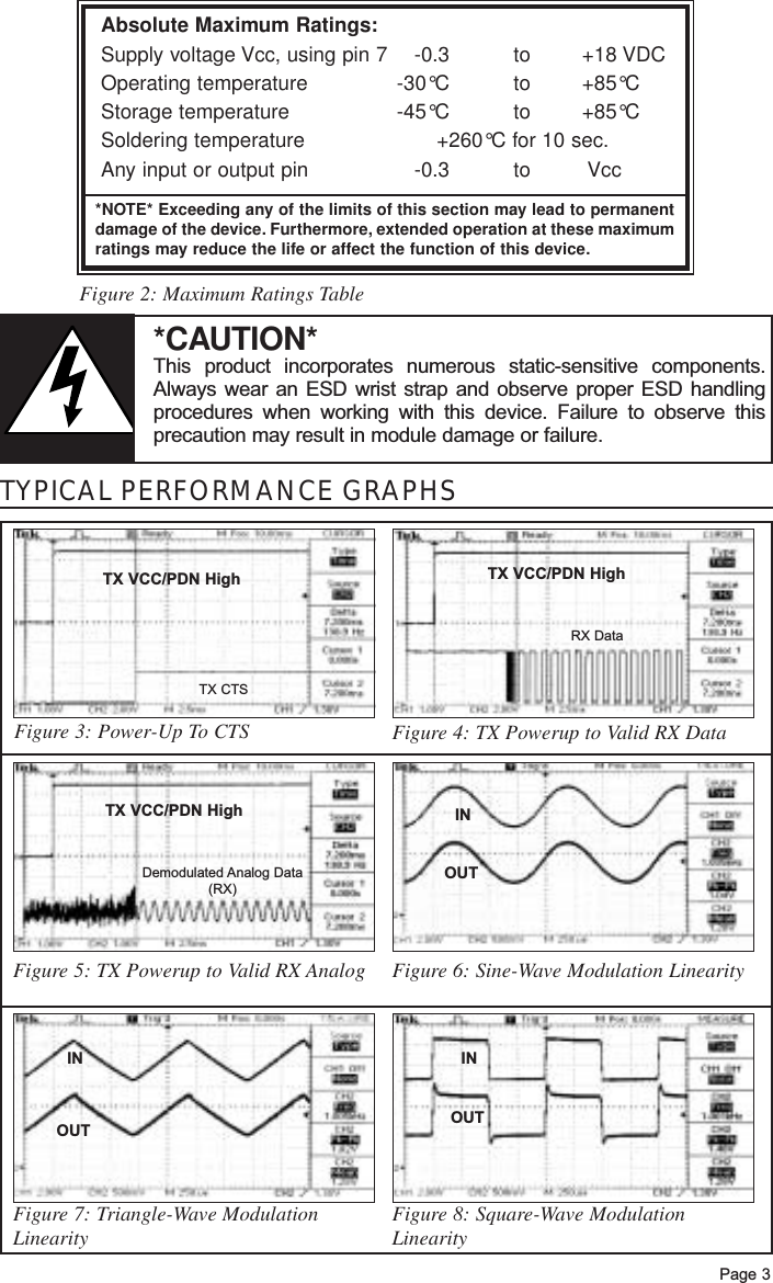 Page 3Figure 2: Maximum Ratings TableAbsolute Maximum Ratings:Supply voltage Vcc, using pin 7 -0.3 to +18 VDCOperating temperature -30°C to +85°CStorage temperature -45°C to +85°CSoldering temperature +260°C for 10 sec.Any input or output pin -0.3 to Vcc *NOTE* Exceeding any of the limits of this section may lead to permanentdamage of the device. Furthermore, extended operation at these maximumratings may reduce the life or affect the function of this device.*CAUTION*This product incorporates numerous static-sensitive components.Always wear an ESD wrist strap and observe proper ESD handlingprocedures when working with this device. Failure to observe thisprecaution may result in module damage or failure.Figure 5: TX Powerup to Valid RX AnalogFigure 3: Power-Up To CTSTYPICAL PERFORMANCE GRAPHSFigure 8: Square-Wave Modulation LinearityFigure 6: Sine-Wave Modulation LinearityFigure 4: TX Powerup to Valid RX DataFigure 7: Triangle-Wave ModulationLinearityINOUTINTX VCC/PDN HighTX VCC/PDN HighRX DataDemodulated Analog Data(RX)TX CTSTX VCC/PDN HighOUTINOUT