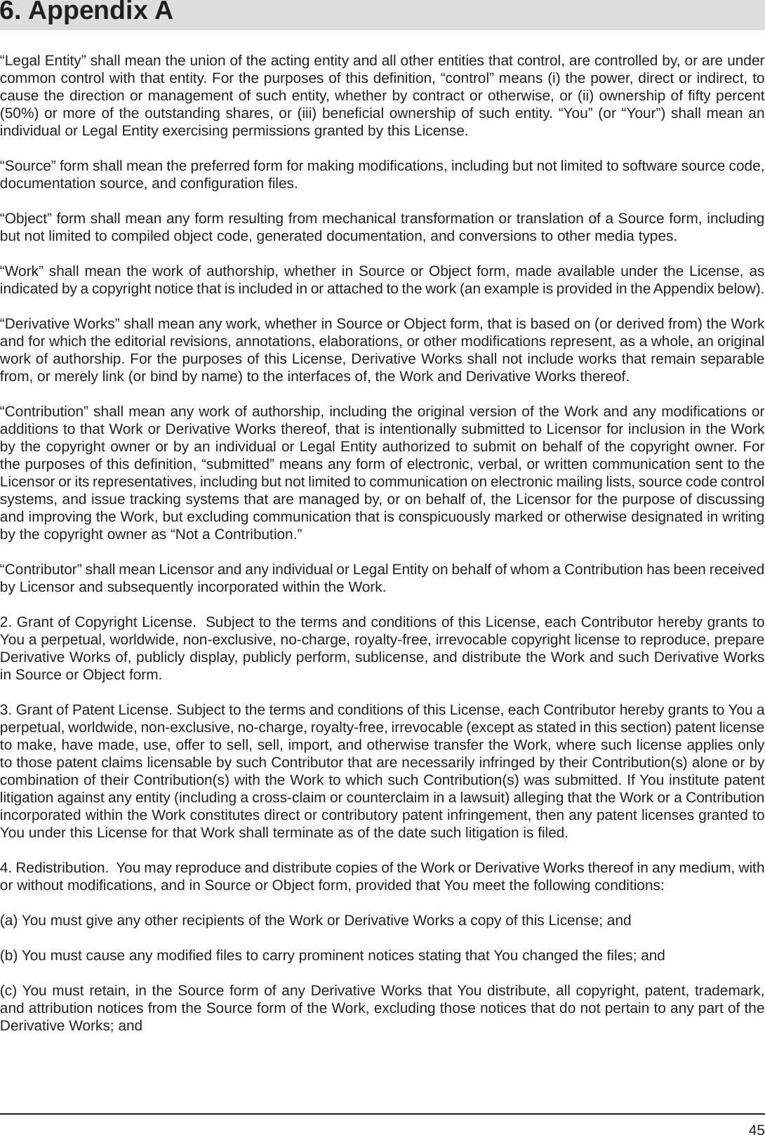 456. Appendix A“Legal Entity” shall mean the union of the acting entity and all other entities that control, are controlled by, or are under common control with that entity. For the purposes of this deﬁ nition, “control” means (i) the power, direct or indirect, to cause the direction or management of such entity, whether by contract or otherwise, or (ii) ownership of ﬁ fty percent (50%) or more of the outstanding shares, or (iii) beneﬁ cial ownership of such entity. “You” (or “Your”) shall mean an individual or Legal Entity exercising permissions granted by this License.“Source” form shall mean the preferred form for making modiﬁ cations, including but not limited to software source code, documentation source, and conﬁ guration ﬁ les.“Object” form shall mean any form resulting from mechanical transformation or translation of a Source form, including but not limited to compiled object code, generated documentation, and conversions to other media types.“Work” shall mean the work of authorship, whether in Source or Object form, made available under the License, asindicated by a copyright notice that is included in or attached to the work (an example is provided in the Appendix below).“Derivative Works” shall mean any work, whether in Source or Object form, that is based on (or derived from) the Work and for which the editorial revisions, annotations, elaborations, or other modiﬁ cations represent, as a whole, an original work of authorship. For the purposes of this License, Derivative Works shall not include works that remain separable from, or merely link (or bind by name) to the interfaces of, the Work and Derivative Works thereof.“Contribution” shall mean any work of authorship, including the original version of the Work and any modiﬁ cations or additions to that Work or Derivative Works thereof, that is intentionally submitted to Licensor for inclusion in the Work by the copyright owner or by an individual or Legal Entity authorized to submit on behalf of the copyright owner. For the purposes of this deﬁ nition, “submitted” means any form of electronic, verbal, or written communication sent to theLicensor or its representatives, including but not limited to communication on electronic mailing lists, source code control systems, and issue tracking systems that are managed by, or on behalf of, the Licensor for the purpose of discussing and improving the Work, but excluding communication that is conspicuously marked or otherwise designated in writing by the copyright owner as “Not a Contribution.”“Contributor” shall mean Licensor and any individual or Legal Entity on behalf of whom a Contribution has been received by Licensor and subsequently incorporated within the Work.2. Grant of Copyright License.  Subject to the terms and conditions of this License, each Contributor hereby grants to You a perpetual, worldwide, non-exclusive, no-charge, royalty-free, irrevocable copyright license to reproduce, prepare Derivative Works of, publicly display, publicly perform, sublicense, and distribute the Work and such Derivative Works in Source or Object form.3. Grant of Patent License. Subject to the terms and conditions of this License, each Contributor hereby grants to You a perpetual, worldwide, non-exclusive, no-charge, royalty-free, irrevocable (except as stated in this section) patent license to make, have made, use, offer to sell, sell, import, and otherwise transfer the Work, where such license applies only to those patent claims licensable by such Contributor that are necessarily infringed by their Contribution(s) alone or by combination of their Contribution(s) with the Work to which such Contribution(s) was submitted. If You institute patent litigation against any entity (including a cross-claim or counterclaim in a lawsuit) alleging that the Work or a Contribution incorporated within the Work constitutes direct or contributory patent infringement, then any patent licenses granted to You under this License for that Work shall terminate as of the date such litigation is ﬁ led.4. Redistribution.  You may reproduce and distribute copies of the Work or Derivative Works thereof in any medium, with or without modiﬁ cations, and in Source or Object form, provided that You meet the following conditions:(a) You must give any other recipients of the Work or Derivative Works a copy of this License; and(b) You must cause any modiﬁ ed ﬁ les to carry prominent notices stating that You changed the ﬁ les; and(c) You must retain, in the Source form of any Derivative Works that You distribute, all copyright, patent, trademark, and attribution notices from the Source form of the Work, excluding those notices that do not pertain to any part of the Derivative Works; and