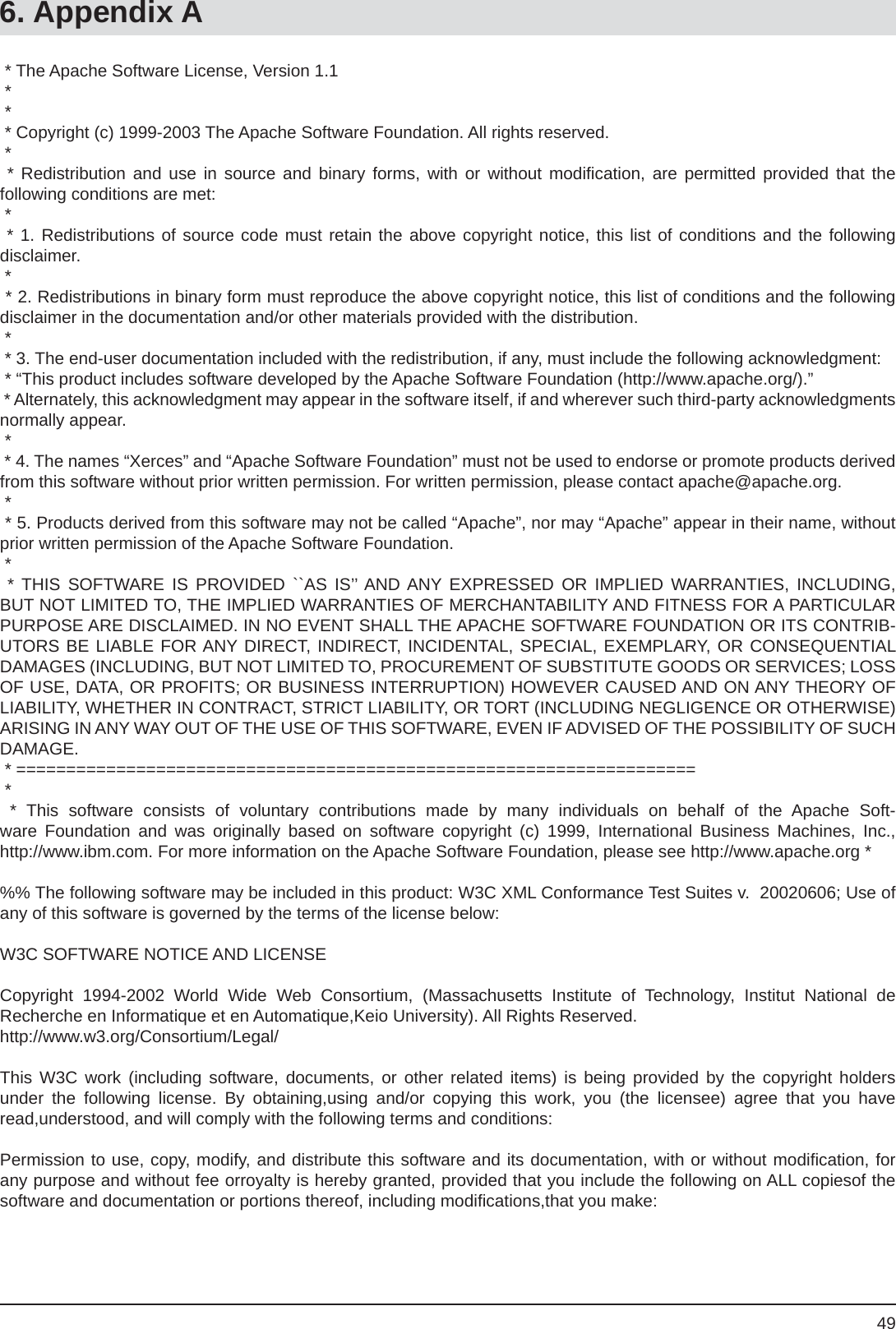 496. Appendix A * The Apache Software License, Version 1.1 * * * Copyright (c) 1999-2003 The Apache Software Foundation. All rights reserved. * * Redistribution and use in source and binary forms, with or without modiﬁ cation, are permitted provided that thefollowing conditions are met: * * 1. Redistributions of source code must retain the above copyright notice, this list of conditions and the followingdisclaimer.   * * 2. Redistributions in binary form must reproduce the above copyright notice, this list of conditions and the following disclaimer in the documentation and/or other materials provided with the distribution. * * 3. The end-user documentation included with the redistribution, if any, must include the following acknowledgment:  * “This product includes software developed by the Apache Software Foundation (http://www.apache.org/).” * Alternately, this acknowledgment may appear in the software itself, if and wherever such third-party acknowledgments normally appear. * * 4. The names “Xerces” and “Apache Software Foundation” must not be used to endorse or promote products derived from this software without prior written permission. For written permission, please contact apache@apache.org. * * 5. Products derived from this software may not be called “Apache”, nor may “Apache” appear in their name, without prior written permission of the Apache Software Foundation. * * THIS SOFTWARE IS PROVIDED ``AS IS’’ AND ANY EXPRESSED OR IMPLIED WARRANTIES, INCLUDING, BUT NOT LIMITED TO, THE IMPLIED WARRANTIES OF MERCHANTABILITY AND FITNESS FOR A PARTICULARPURPOSE ARE DISCLAIMED. IN NO EVENT SHALL THE APACHE SOFTWARE FOUNDATION OR ITS CONTRIB-UTORS BE LIABLE FOR ANY DIRECT, INDIRECT, INCIDENTAL, SPECIAL, EXEMPLARY, OR CONSEQUENTIAL DAMAGES (INCLUDING, BUT NOT LIMITED TO, PROCUREMENT OF SUBSTITUTE GOODS OR SERVICES; LOSS OF USE, DATA, OR PROFITS; OR BUSINESS INTERRUPTION) HOWEVER CAUSED AND ON ANY THEORY OF LIABILITY, WHETHER IN CONTRACT, STRICT LIABILITY, OR TORT (INCLUDING NEGLIGENCE OR OTHERWISE) ARISING IN ANY WAY OUT OF THE USE OF THIS SOFTWARE, EVEN IF ADVISED OF THE POSSIBILITY OF SUCH DAMAGE. * ==================================================================== * * This software consists of voluntary contributions made by many individuals on behalf of the Apache Soft-ware Foundation and was originally based on software copyright (c) 1999, International Business Machines, Inc.,http://www.ibm.com. For more information on the Apache Software Foundation, please see http://www.apache.org * %% The following software may be included in this product: W3C XML Conformance Test Suites v.  20020606; Use of any of this software is governed by the terms of the license below:W3C SOFTWARE NOTICE AND LICENSECopyright 1994-2002 World Wide Web Consortium, (Massachusetts Institute of Technology, Institut National deRecherche en Informatique et en Automatique,Keio University). All Rights Reserved.http://www.w3.org/Consortium/Legal/This W3C work (including software, documents, or other related items) is being provided by the copyright holders under the following license. By obtaining,using and/or copying this work, you (the licensee) agree that you have read,understood, and will comply with the following terms and conditions:Permission to use, copy, modify, and distribute this software and its documentation, with or without modiﬁ cation, for any purpose and without fee orroyalty is hereby granted, provided that you include the following on ALL copiesof thesoftware and documentation or portions thereof, including modiﬁ cations,that you make: