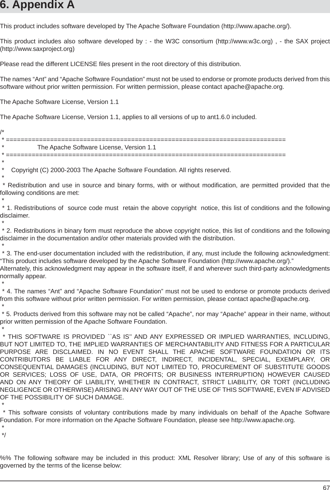 676. Appendix AThis product includes software developed by The Apache Software Foundation (http://www.apache.org/).This product includes also software developed by : - the W3C consortium (http://www.w3c.org) , - the SAX project(http://www.saxproject.org)Please read the different LICENSE ﬁ les present in the root directory of this distribution.The names “Ant” and “Apache Software Foundation” must not be used to endorse or promote products derived from this software without prior written permission. For written permission, please contact apache@apache.org.The Apache Software License, Version 1.1The Apache Software License, Version 1.1, applies to all versions of up to ant1.6.0 included./* * ============================================================================ *                   The Apache Software License, Version 1.1 * ============================================================================ *  *    Copyright (C) 2000-2003 The Apache Software Foundation. All rights reserved. *  * Redistribution and use in source and binary forms, with or without modiﬁ cation, are permitted provided that thefollowing conditions are met: *  * 1. Redistributions of  source code must  retain the above copyright  notice, this list of conditions and the following disclaimer. *  * 2. Redistributions in binary form must reproduce the above copyright notice, this list of conditions and the following disclaimer in the documentation and/or other materials provided with the distribution. *  * 3. The end-user documentation included with the redistribution, if any, must include the following acknowledgment:  “This product includes software developed by the Apache Software Foundation (http://www.apache.org/).”Alternately, this acknowledgment may appear in the software itself, if and wherever such third-party acknowledgments normally appear. *  * 4. The names “Ant” and “Apache Software Foundation” must not be used to endorse or promote products derived  from this software without prior written permission. For written permission, please contact apache@apache.org. *  * 5. Products derived from this software may not be called “Apache”, nor may “Apache” appear in their name, without prior written permission of the Apache Software Foundation. *  * THIS SOFTWARE IS PROVIDED ``AS IS’’ AND ANY EXPRESSED OR IMPLIED WARRANTIES, INCLUDING, BUT NOT LIMITED TO, THE IMPLIED WARRANTIES OF MERCHANTABILITY AND FITNESS FOR A PARTICULARPURPOSE ARE DISCLAIMED. IN NO EVENT SHALL THE APACHE SOFTWARE FOUNDATION OR ITSCONTRIBUTORS BE LIABLE FOR ANY DIRECT, INDIRECT, INCIDENTAL, SPECIAL, EXEMPLARY, ORCONSEQUENTIAL DAMAGES (INCLUDING, BUT NOT LIMITED TO, PROCUREMENT OF SUBSTITUTE GOODS OR SERVICES; LOSS OF USE, DATA, OR PROFITS; OR BUSINESS INTERRUPTION) HOWEVER CAUSED AND ON ANY THEORY OF LIABILITY, WHETHER IN CONTRACT, STRICT LIABILITY, OR TORT (INCLUDINGNEGLIGENCE OR OTHERWISE) ARISING IN ANY WAY OUT OF THE USE OF THIS SOFTWARE, EVEN IF ADVISED OF THE POSSIBILITY OF SUCH DAMAGE. *  * This software consists of voluntary contributions made by many individuals on behalf of the Apache SoftwareFoundation. For more information on the Apache Software Foundation, please see http://www.apache.org. * */%% The following software may be included in this product: XML Resolver library; Use of any of this software isgoverned by the terms of the license below: