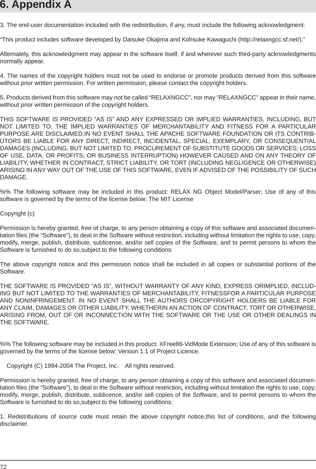 726. Appendix A3. The end-user documentation included with the redistribution, if any, must include the following acknowledgment:“This product includes software developed by Daisuke Okajima and Kohsuke Kawaguchi (http://relaxngcc.sf.net/).”Alternately, this acknowledgment may appear in the software itself, if and wherever such third-party acknowledgments normally appear.4. The names of the copyright holders must not be used to endorse or promote products derived from this software without prior written permission. For written permission, please contact the copyright holders.5. Products derived from this software may not be called “RELAXNGCC”, nor may “RELAXNGCC” appear in their name, without prior written permission of the copyright holders.THIS SOFTWARE IS PROVIDED “AS IS” AND ANY EXPRESSED OR IMPLIED WARRANTIES, INCLUDING, BUT NOT LIMITED TO, THE IMPLIED WARRANTIES OF MERCHANTABILITY AND FITNESS FOR A PARTICULARPURPOSE ARE DISCLAIMED.IN NO EVENT SHALL THE APACHE SOFTWARE FOUNDATION OR ITS CONTRIB-UTORS BE LIABLE FOR ANY DIRECT, INDIRECT, INCIDENTAL, SPECIAL, EXEMPLARY, OR CONSEQUENTIAL DAMAGES (INCLUDING, BUT NOT LIMITED TO, PROCUREMENT OF SUBSTITUTE GOODS OR SERVICES; LOSS OF USE, DATA, OR PROFITS; OR BUSINESS INTERRUPTION) HOWEVER CAUSED AND ON ANY THEORY OF LIABILITY, WHETHER IN CONTRACT, STRICT LIABILITY, OR TORT (INCLUDING NEGLIGENCE OR OTHERWISE) ARISING IN ANY WAY OUT OF THE USE OF THIS SOFTWARE, EVEN IF ADVISED OF THE POSSIBILITY OF SUCH DAMAGE.%% The following software may be included in this product: RELAX NG Object Model/Parser; Use of any of thissoftware is governed by the terms of the license below: The MIT LicenseCopyright (c)  Permission is hereby granted, free of charge, to any person obtaining a copy of this software and associated documen-tation ﬁ les (the “Software”), to deal in the Software without restriction, including without limitation the rights to use, copy, modify, merge, publish, distribute, sublicense, and/or sell copies of the Software, and to permit persons to whom the Software is furnished to do so,subject to the following conditions:The above copyright notice and this permission notice shall be included in all copies or substantial portions of theSoftware.THE SOFTWARE IS PROVIDED “AS IS”, WITHOUT WARRANTY OF ANY KIND, EXPRESS ORIMPLIED, INCLUD-ING BUT NOT LIMITED TO THE WARRANTIES OF MERCHANTABILITY, FITNESSFOR A PARTICULAR PURPOSE AND NONINFRINGEMENT. IN NO EVENT SHALL THE AUTHORS ORCOPYRIGHT HOLDERS BE LIABLE FOR ANY CLAIM, DAMAGES OR OTHER LIABILITY, WHETHERIN AN ACTION OF CONTRACT, TORT OR OTHERWISE,ARISING FROM, OUT OF OR INCONNECTION WITH THE SOFTWARE OR THE USE OR OTHER DEALINGS IN THE SOFTWARE.%% The following software may be included in this product: XFree86-VidMode Extension; Use of any of this software is governed by the terms of the license below: Version 1.1 of Project Licence.    Copyright (C) 1994-2004 The Project, Inc.    All rights reserved.Permission is hereby granted, free of charge, to any person obtaining a copy of this software and associated documen-tation ﬁ les (the “Software”), to deal in the Software without restriction, including without limitation the rights to use, copy, modify, merge, publish, distribute, sublicence, and/or sell copies of the Software, and to permit persons to whom the Software is furnished to do so,subject to the following conditions:1. Redistributions of source code must retain the above copyright notice,this list of conditions, and the followingdisclaimer.