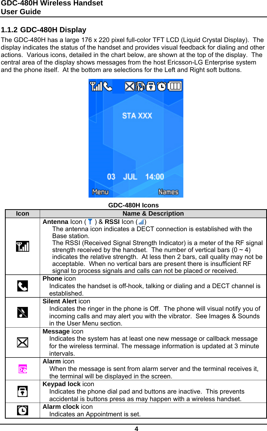 GDC-480H Wireless Handset User Guide   4  1.1.2 GDC-480H Display The GDC-480H has a large 176 x 220 pixel full-color TFT LCD (Liquid Crystal Display).  The display indicates the status of the handset and provides visual feedback for dialing and other actions.  Various icons, detailed in the chart below, are shown at the top of the display.  The central area of the display shows messages from the host Ericsson-LG Enterprise system and the phone itself.  At the bottom are selections for the Left and Right soft buttons.                  GDC-480H Icons Icon  Name &amp; Description  Antenna Icon (  ) &amp; RSSI Icon ( )  The antenna icon indicates a DECT connection is established with the Base station. The RSSI (Received Signal Strength Indicator) is a meter of the RF signal strength received by the handset.  The number of vertical bars (0 ~ 4) indicates the relative strength.  At less then 2 bars, call quality may not be acceptable.  When no vertical bars are present there is insufficient RF signal to process signals and calls can not be placed or received.   Phone icon Indicates the handset is off-hook, talking or dialing and a DECT channel is established.  Silent Alert icon Indicates the ringer in the phone is Off.  The phone will visual notify you of incoming calls and may alert you with the vibrator.  See Images &amp; Sounds in the User Menu section.  Message icon Indicates the system has at least one new message or callback message for the wireless terminal. The message information is updated at 3 minute intervals.  Alarm icon When the message is sent from alarm server and the terminal receives it, the terminal will be displayed in the screen.  Keypad lock icon Indicates the phone dial pad and buttons are inactive.  This prevents accidental is buttons press as may happen with a wireless handset.  Alarm clock icon Indicates an Appointment is set.  