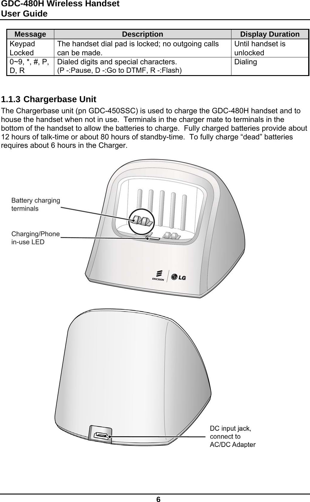 GDC-480H Wireless Handset User Guide   6  Message  Description  Display Duration Keypad Locked The handset dial pad is locked; no outgoing calls can be made. Until handset is unlocked 0~9, *, #, P, D, R Dialed digits and special characters. (P -:Pause, D -:Go to DTMF, R -:Flash) Dialing   1.1.3 Chargerbase Unit The Chargerbase unit (pn GDC-450SSC) is used to charge the GDC-480H handset and to house the handset when not in use.  Terminals in the charger mate to terminals in the bottom of the handset to allow the batteries to charge.  Fully charged batteries provide about 12 hours of talk-time or about 80 hours of standby-time.  To fully charge “dead” batteries requires about 6 hours in the Charger.     