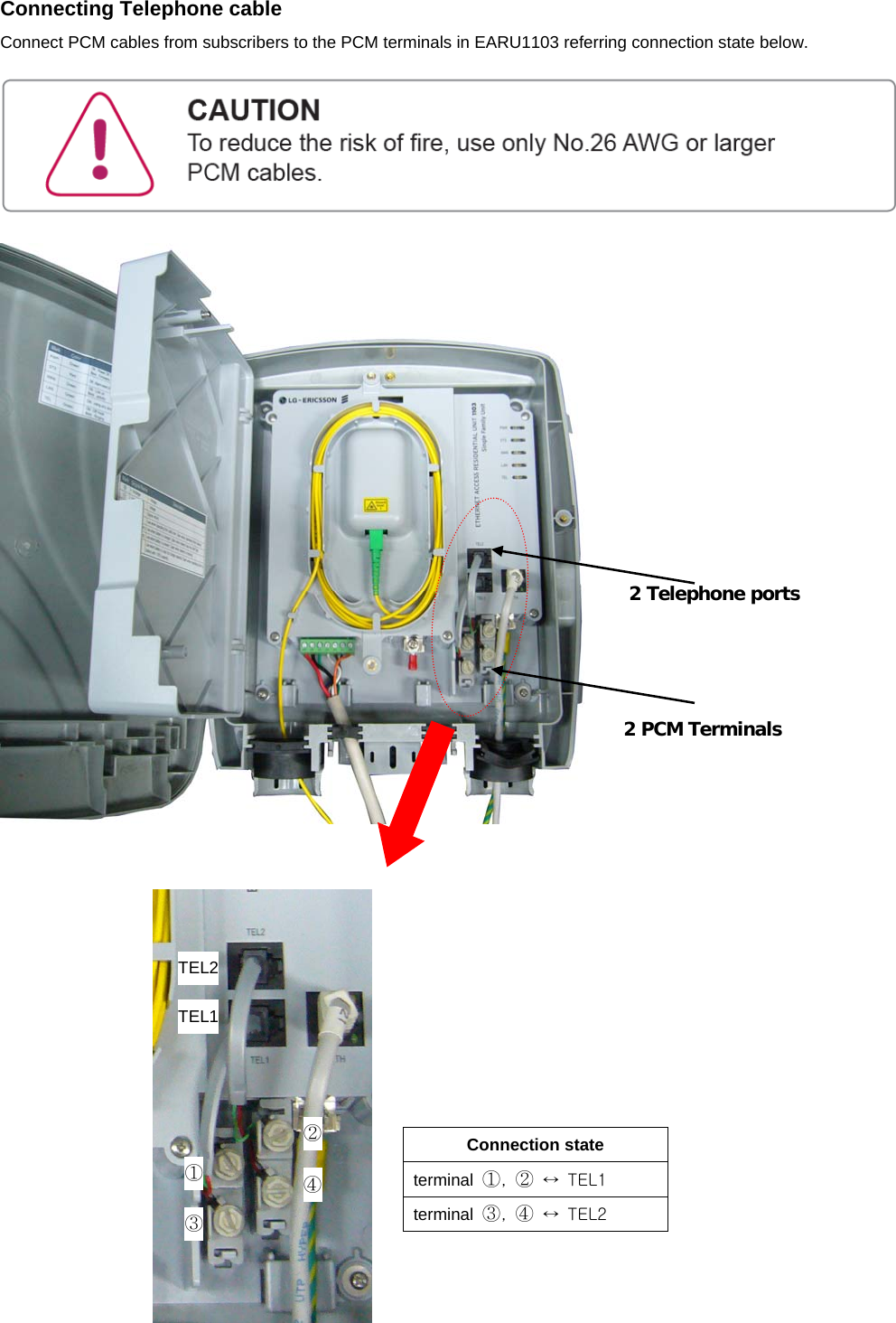 Connecting Telephone cable Connect PCM cables from subscribers to the PCM terminals in EARU1103 referring connection state below.                    Connection state terminal  ①,  ② ↔  TEL1 terminal  ③,  ④ ↔  TEL2 2 Telephone ports 2 PCM Terminals ① ② ④ ③ TEL2TEL1