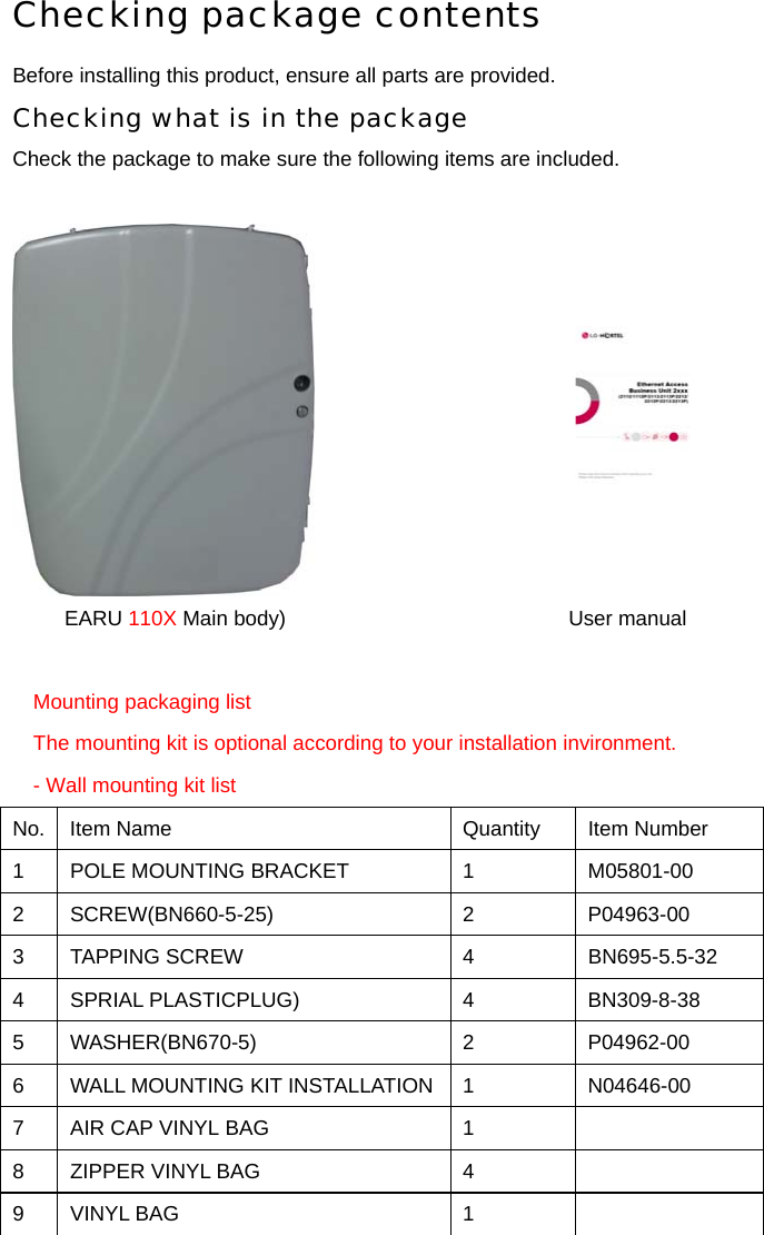 Checking package contents Before installing this product, ensure all parts are provided. Checking what is in the package Check the package to make sure the following items are included.    EARU 110X Main body)        User manual  Mounting packaging list The mounting kit is optional according to your installation invironment. - Wall mounting kit list             No.  Item Name  Quantity  Item Number 1  POLE MOUNTING BRACKET  1  M05801-00 2 SCREW(BN660-5-25)  2  P04963-00 3 TAPPING SCREW  4  BN695-5.5-32 4 SPRIAL PLASTICPLUG)  4  BN309-8-38 5 WASHER(BN670-5)  2  P04962-00 6  WALL MOUNTING KIT INSTALLATION  1  N04646-00 7  AIR CAP VINYL BAG  1   8  ZIPPER VINYL BAG  4   9 VINYL BAG  1   