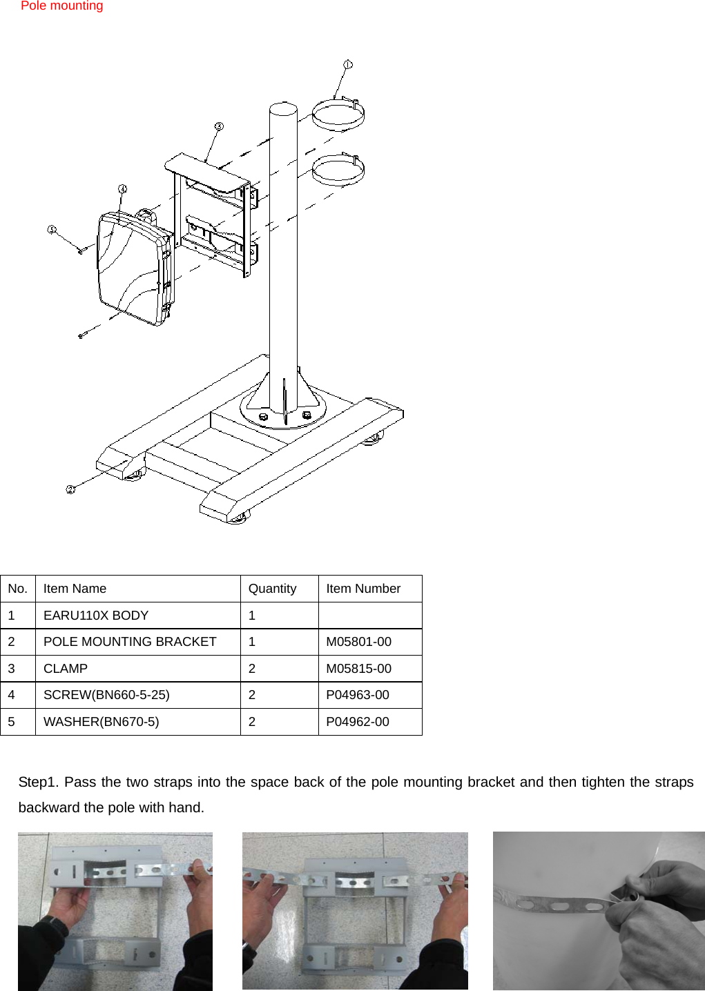 Pole mounting            Step1. Pass the two straps into the space back of the pole mounting bracket and then tighten the straps backward the pole with hand.   No.  Item Name  Quantity  Item Number 1 EARU110X BODY  1   2  POLE MOUNTING BRACKET  1  M05801-00 3 CLAMP  2  M05815-00 4 SCREW(BN660-5-25)  2  P04963-00 5 WASHER(BN670-5)  2  P04962-00 