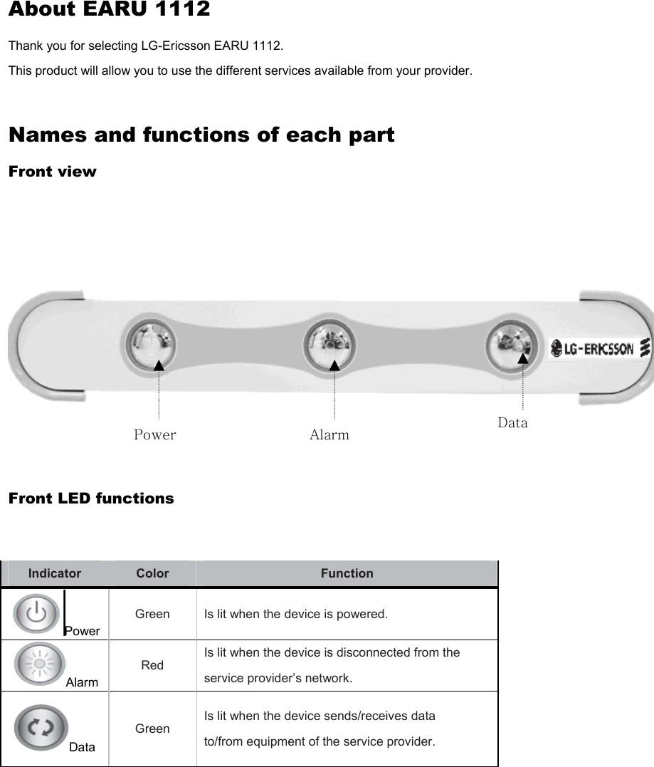 About EARU 1112   Thank you for selecting LG-Ericsson EARU 1112. This product will allow you to use the different services available from your provider.  Names and functions of each part Front view         Front LED functions   Indicator Color Function Power  Green  Is lit when the device is powered. Alarm  Red  Is lit when the device is disconnected from the service provider’s network. Data   Green Is lit when the device sends/receives data to/from equipment of the service provider.  Power  Alarm  Data 