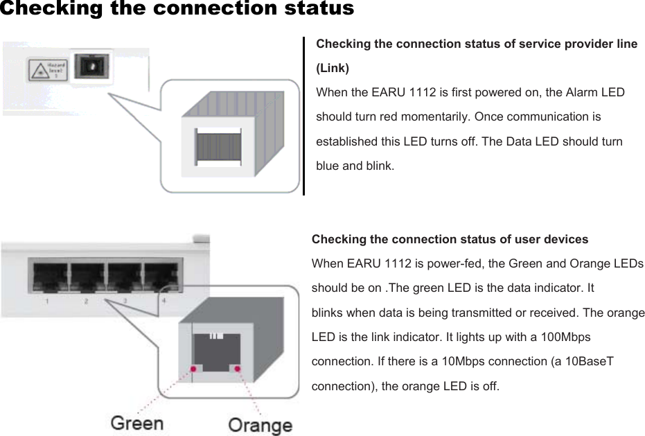 Checking the connection status Checking the connection status of service provider line (Link) When the EARU 1112 is first powered on, the Alarm LED should turn red momentarily. Once communication is established this LED turns off. The Data LED should turn blue and blink.   Checking the connection status of user devices When EARU 1112 is power-fed, the Green and Orange LEDs should be on .The green LED is the data indicator. It blinks when data is being transmitted or received. The orange LED is the link indicator. It lights up with a 100Mbps connection. If there is a 10Mbps connection (a 10BaseT connection), the orange LED is off.