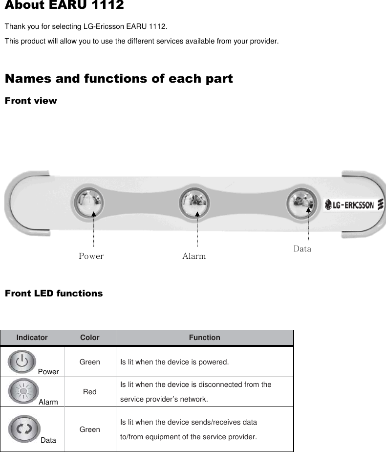 About EARU 1112   Thank you for selecting LG-Ericsson EARU 1112. This product will allow you to use the different services available from your provider.  Names and functions of each part Front view         Front LED functions   Indicator Color Function Power  Green  Is lit when the device is powered. Alarm  Red  Is lit when the device is disconnected from the service provider’s network. Data  Green Is lit when the device sends/receives data to/from equipment of the service provider.  Power  Alarm  Data 