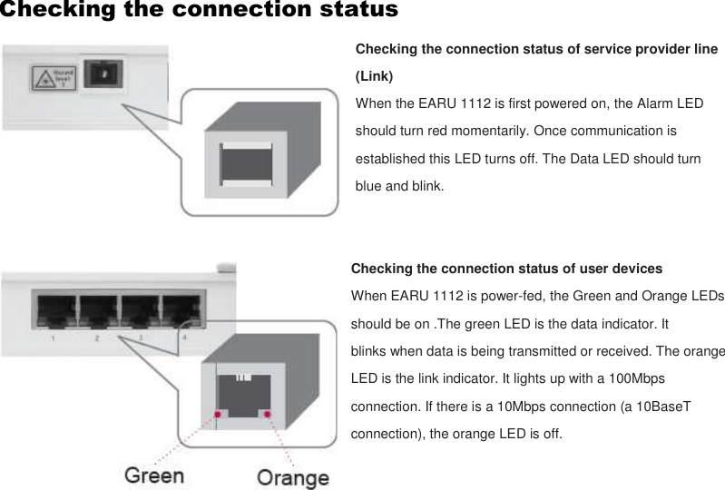 Checking the connection status Checking the connection status of service provider line (Link) When the EARU 1112 is first powered on, the Alarm LED should turn red momentarily. Once communication is established this LED turns off. The Data LED should turn blue and blink.   Checking the connection status of user devices When EARU 1112 is power-fed, the Green and Orange LEDs should be on .The green LED is the data indicator. It blinks when data is being transmitted or received. The orange LED is the link indicator. It lights up with a 100Mbps connection. If there is a 10Mbps connection (a 10BaseT connection), the orange LED is off.