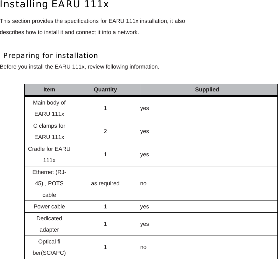  Installing EARU 111x This section provides the specifications for EARU 111x installation, it also describes how to install it and connect it into a network.  Preparing for installation  Before you install the EARU 111x, review following information.  Item  Quantity   Supplied Main body of EARU 111x 1 yes C clamps for EARU 111x 2 yes Cradle for EARU 111x 1 yes Ethernet (RJ-45) , POTS cable as required    no Power cable  1  yes Dedicated adapter  1 yes Optical fi ber(SC/APC)  1 no     