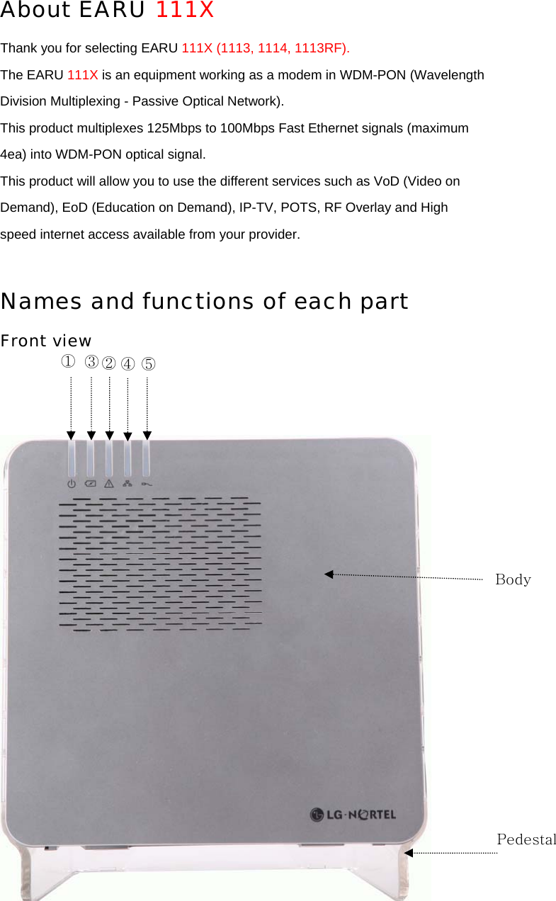 About EARU 111X  Thank you for selecting EARU 111X (1113, 1114, 1113RF). The EARU 111X is an equipment working as a modem in WDM-PON (Wavelength Division Multiplexing - Passive Optical Network). This product multiplexes 125Mbps to 100Mbps Fast Ethernet signals (maximum 4ea) into WDM-PON optical signal. This product will allow you to use the different services such as VoD (Video on Demand), EoD (Education on Demand), IP-TV, POTS, RF Overlay and High speed internet access available from your provider.  Names and functions of each part Front view         Body Pedestal ①  ③ ② ④ ⑤