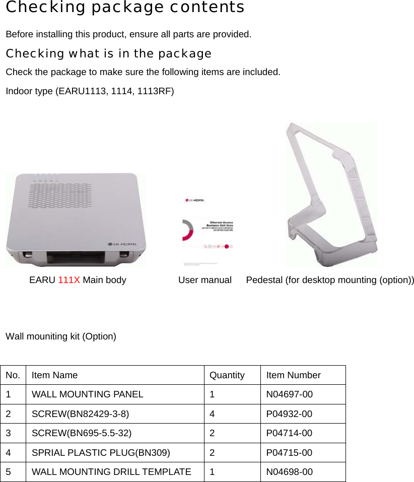 Checking package contents Before installing this product, ensure all parts are provided. Checking what is in the package Check the package to make sure the following items are included. Indoor type (EARU1113, 1114, 1113RF)                              EARU 111X Main body      User manual      Pedestal (for desktop mounting (option))       Wall mouniting kit (Option)     No.  Item Name  Quantity  Item Number 1  WALL MOUNTING PANEL  1  N04697-00 2 SCREW(BN82429-3-8)  4  P04932-00 3 SCREW(BN695-5.5-32)  2  P04714-00 4  SPRIAL PLASTIC PLUG(BN309)  2  P04715-00 5  WALL MOUNTING DRILL TEMPLATE  1  N04698-00  