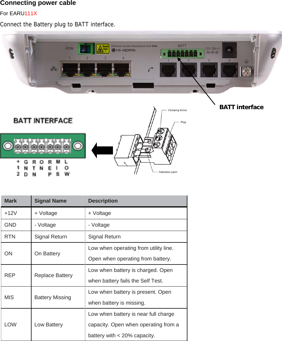 Connecting power cable For EARU111X Connect the Battery plug to BATT interface.                 Mark Signal Name Description   +12V  + Voltage    + Voltage   GND   - Voltage    - Voltage   RTN    Signal Return    Signal Return ON   On Battery  Low when operating from utility line. Open when operating from battery.   REP   Replace Battery  Low when battery is charged. Open when battery fails the Self Test. MIS   Battery Missing  Low when battery is present. Open when battery is missing. LOW Low Battery Low when battery is near full charge capacity. Open when operating from a battery with &lt; 20% capacity. BATT interface 