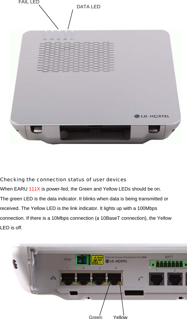         Checking the connection status of user devices When EARU 111X is power-fed, the Green and Yellow LEDs should be on. The green LED is the data indicator. It blinks when data is being transmitted or received. The Yellow LED is the link indicator. It lights up with a 100Mbps connection. If there is a 10Mbps connection (a 10BaseT connection), the Yellow LED is off.       FAIL LED  DATA LED Green  Yellow 