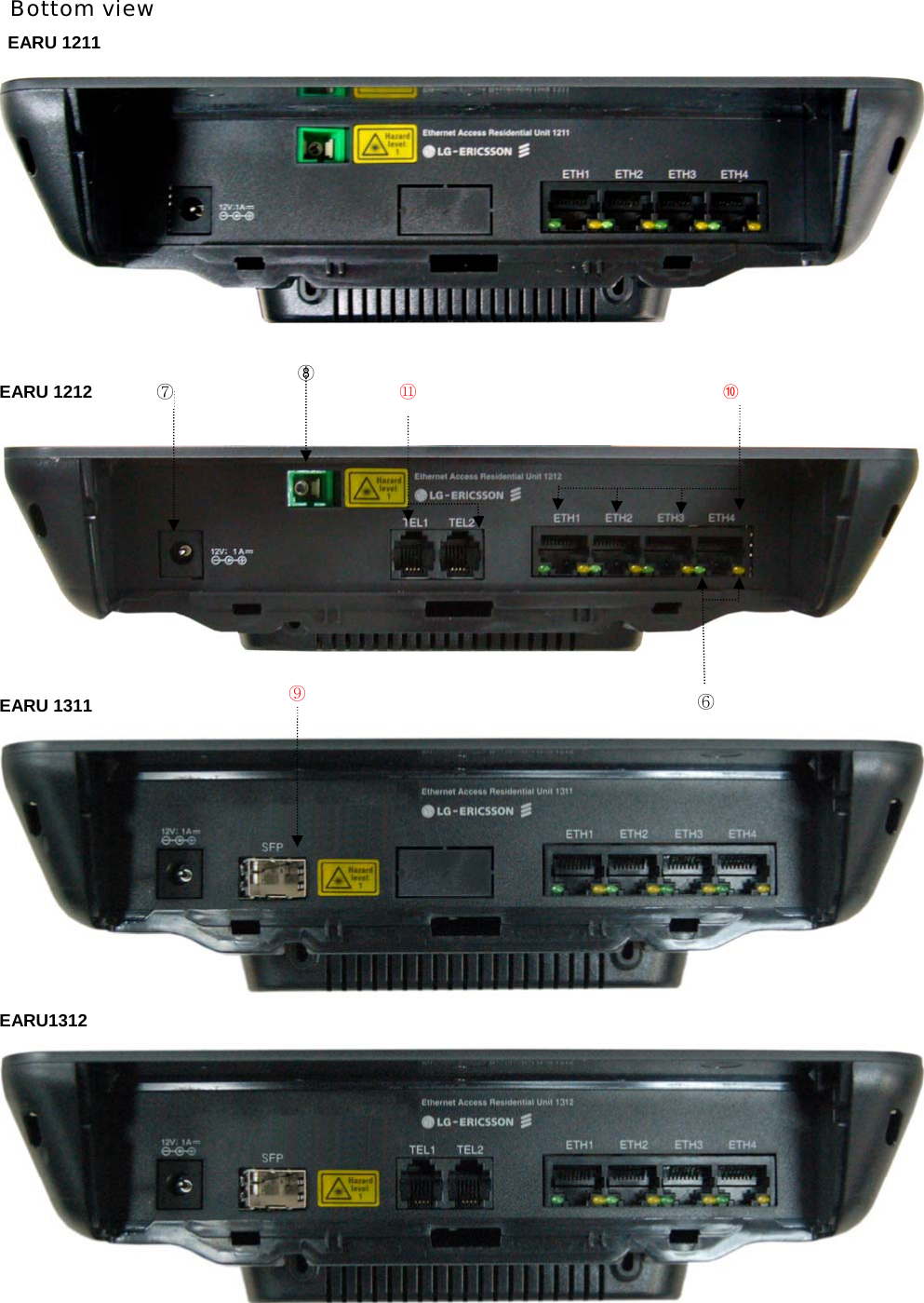 Bottom view EARU 1211   EARU 1212    EARU 1311  EARU1312 ⑧⑨⑩⑦⑥⑪