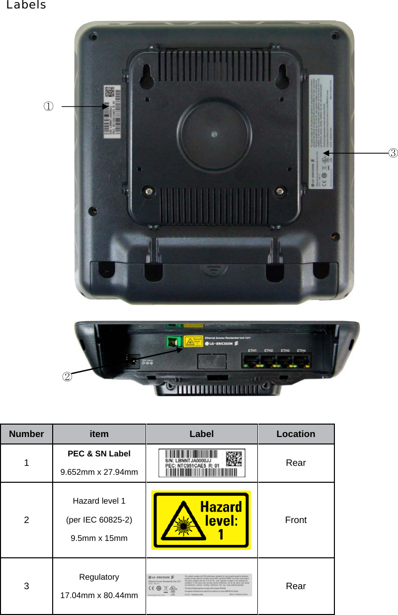 Labels      Number item Label Location 1  PEC &amp; SN Label   9.652mm x 27.94mm   Rear 2 Hazard level 1 (per IEC 60825-2) 9.5mm x 15mm Front 3  Regulatory 17.04mm x 80.44mm   Rear  ②③①