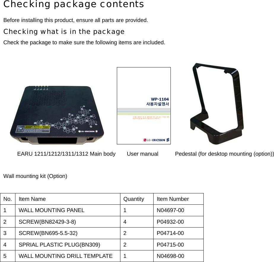 Checking package contents Before installing this product, ensure all parts are provided. Checking what is in the package Check the package to make sure the following items are included.                         EARU 1211/1212/1311/1312 Main body  User manual        Pedestal (for desktop mounting (option))    Wall mounting kit (Option)     No.  Item Name  Quantity  Item Number 1  WALL MOUNTING PANEL  1  N04697-00 2 SCREW(BN82429-3-8)  4  P04932-00 3 SCREW(BN695-5.5-32)  2  P04714-00 4  SPRIAL PLASTIC PLUG(BN309)  2  P04715-00 5  WALL MOUNTING DRILL TEMPLATE  1  N04698-00 