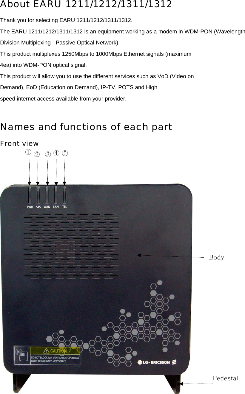 About EARU 1211/1212/1311/1312  Thank you for selecting EARU 1211/1212/1311/1312. The EARU 1211/1212/1311/1312 is an equipment working as a modem in WDM-PON (Wavelength Division Multiplexing - Passive Optical Network). This product multiplexes 1250Mbps to 1000Mbps Ethernet signals (maximum 4ea) into WDM-PON optical signal. This product will allow you to use the different services such as VoD (Video on Demand), EoD (Education on Demand), IP-TV, POTS and High speed internet access available from your provider.  Names and functions of each part Front view         Body Pedestal①  ③② ④ ⑤