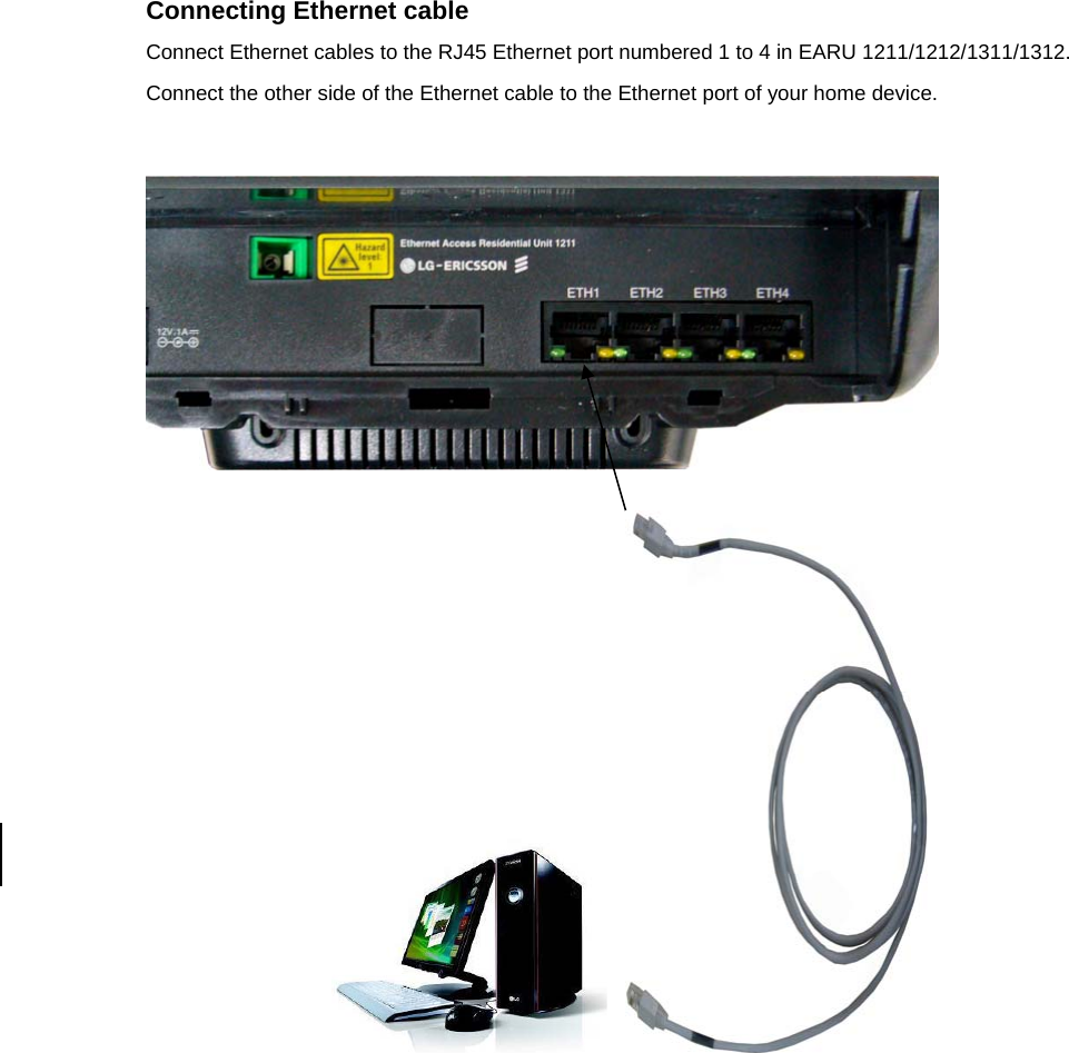 Connecting Ethernet cable Connect Ethernet cables to the RJ45 Ethernet port numbered 1 to 4 in EARU 1211/1212/1311/1312. Connect the other side of the Ethernet cable to the Ethernet port of your home device.             