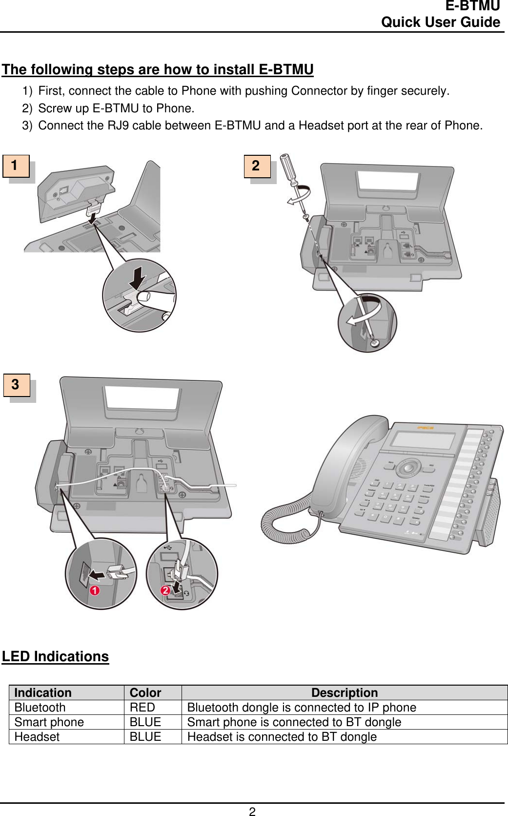                                                                                E-BTMU                                                                                                 Quick User Guide  2  The following steps are how to install E-BTMU  1) First, connect the cable to Phone with pushing Connector by finger securely. 2) Screw up E-BTMU to Phone. 3) Connect the RJ9 cable between E-BTMU and a Headset port at the rear of Phone.                                      LED Indications   Indication  Color  Description Bluetooth RED Bluetooth dongle is connected to IP phone Smart phone  BLUE  Smart phone is connected to BT dongle Headset  BLUE  Headset is connected to BT dongle     1  23 