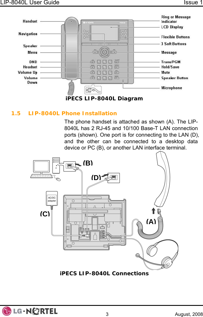 LIP-8040L User Guide  Issue 1    3 August, 2008  iPECS LIP-8040L Diagram  1.5 LIP-8040L Phone Installation The phone handset is attached as shown (A). The LIP-8040L has 2 RJ-45 and 10/100 Base-T LAN connection ports (shown). One port is for connecting to the LAN (D), and the other can be connected to a desktop data device or PC (B), or another LAN interface terminal.  (B)(D)(C)(A)iPECS LIP-8040L Connections   