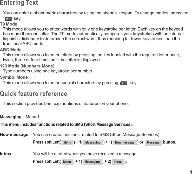 4Entering TextYou can enter alphanumeric characters by using the phone&apos;s keypad. To change modes, press the END/PWRDial/Flash key.T9 ModeThis mode allows you to enter words with only one keystroke per letter. Each key on the keypad has more than one letter. The T9 mode automatically compares your keystrokes with an internal linguistic dictionary to determine the correct word, thus requiring far fewer keystrokes than the traditional ABC mode.ABC ModeThis mode allows you to enter letters by pressing the key labeled with the required letter once, twice, three or four times until the letter is displayed.123 Mode (Numbers Mode)Type numbers using one keystroke per number.Symbol ModeThis mode allows you to enter special characters by pressing END/PWRDial/Flash key.Quick feature referenceThis section provides brief explanations of features on your phone.Messaging    Menu 1This menu includes functions related to SMS (Short Message Services).New message   You can create functions related to SMS (Short Message Services).  Press soft Left( Menu ) + 1( Messaging ) + 1( New message ) or  Message  button.Inbox  You will be alerted when you have received a message. Press soft Left( Menu ) + 1( Messaging ) + 2( Inbox ).