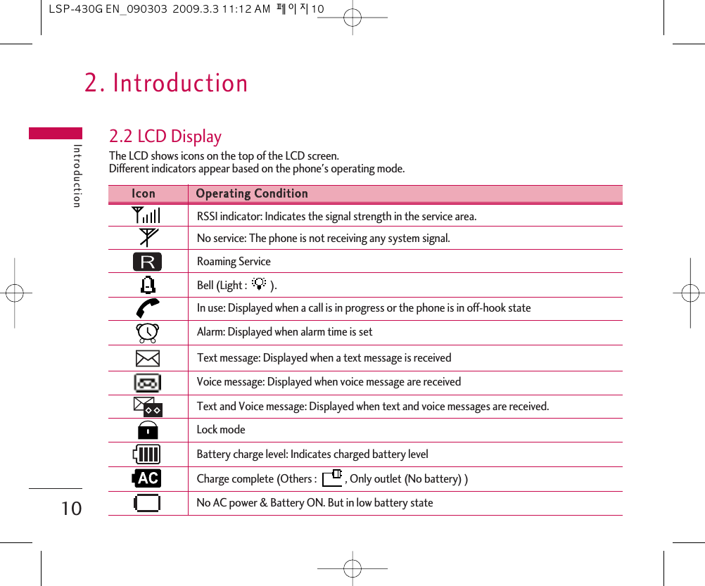 2. IntroductionIntroduction102.2 LCD DisplayThe LCD shows icons on the top of the LCD screen.Different indicators appear based on the phone&apos;s operating mode.Lock modeIIccoonnOOppeerraattiinngg  CCoonnddiittiioonnRSSI indicator: Indicates the signal strength in the service area.No service: The phone is not receiving any system signal.Bell (Light :  ).In use: Displayed when a call is in progress or the phone is in off-hook state Alarm: Displayed when alarm time is setText message: Displayed when a text message is receivedVoice message: Displayed when voice message are receivedText and Voice message: Displayed when text and voice messages are received.Battery charge level: Indicates charged battery levelCharge complete (Others :  , Only outlet (No battery) )No AC power &amp; Battery ON. But in low battery stateRoaming ServiceLSP-430G EN_090303  2009.3.3 11:12 AM  페이지10