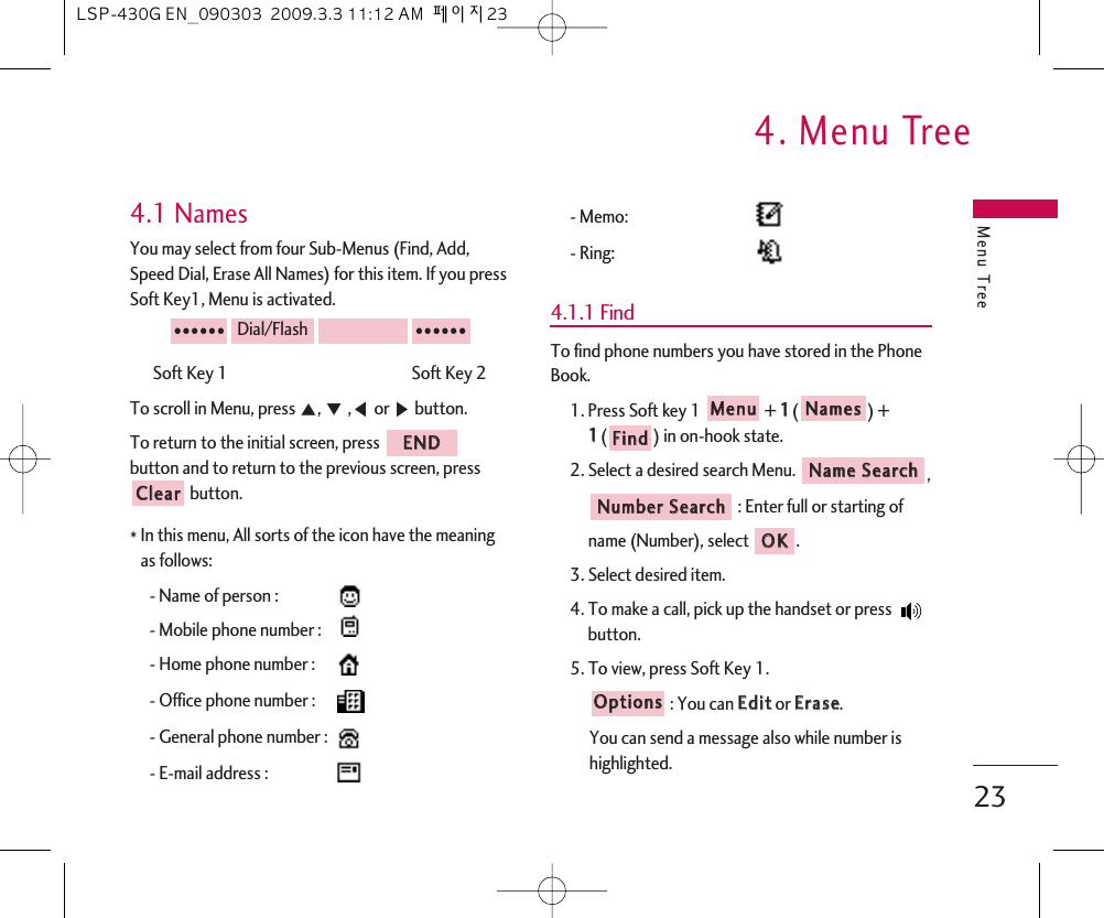 Menu Tree4. Menu Tree234.1 NamesYou may select from four Sub-Menus (Find, Add,Speed Dial, Erase All Names) for this item. If you pressSoft Key1, Menu is activated.Soft Key 1                                                  Soft Key 2To scroll in Menu, press ᵋ, ᵍ,ᵾor ᶀbutton.To return to the initial screen, press button and to return to the previous screen, pressbutton.*In this menu, All sorts of the icon have the meaningas follows:- Name of person : - Mobile phone number :- Home phone number :- Office phone number :- General phone number :- E-mail address :- Memo:- Ring:4.1.1 FindTo find phone numbers you have stored in the PhoneBook.1. Press Soft key 1  + 11() +11() in on-hook state.2. Select a desired search Menu.  ,: Enter full or starting of name (Number), select .3. Select desired item.4. To make a call, pick up the handset or press button.5. To view, press Soft Key 1.: You can EEddiittor EErraassee.You can send a message also while number ishighlighted.OOppttiioonnssOOKKNNuummbbeerr  SSeeaarrcchhNNaammee  SSeeaarrcchhFFiinnddNNaammeessMMeennuuCClleeaarrEENNDD●●●●●●Dial/Flash●●●●●●LSP-430G EN_090303  2009.3.3 11:12 AM  페이지23