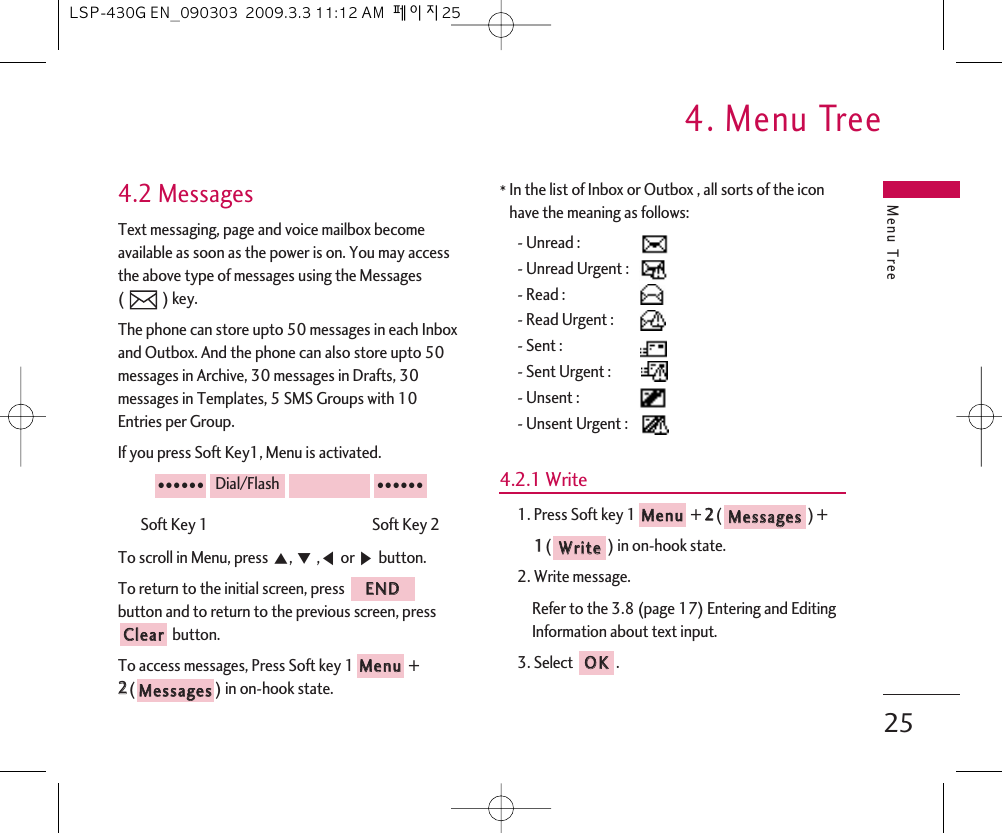 Menu Tree4. Menu Tree254.2 MessagesText messaging, page and voice mailbox becomeavailable as soon as the power is on. You may accessthe above type of messages using the Messages ( ) key.The phone can store upto 50 messages in each Inboxand Outbox. And the phone can also store upto 50messages in Archive, 30 messages in Drafts, 30messages in Templates, 5 SMS Groups with 10Entries per Group.If you press Soft Key1, Menu is activated.Soft Key 1                                                 Soft Key 2To scroll in Menu, press ᵋ, ᵍ,ᵾor ᶀbutton.To return to the initial screen, press button and to return to the previous screen, pressbutton.To access messages, Press Soft key 1 +22() in on-hook state.*In the list of Inbox or Outbox , all sorts of the iconhave the meaning as follows:- Unread : - Unread Urgent : - Read : - Read Urgent :- Sent :- Sent Urgent :- Unsent :- Unsent Urgent :4.2.1 Write1. Press Soft key 1 + 22() + 11() in on-hook state.2. Write message.Refer to the 3.8 (page 17) Entering and EditingInformation about text input.3. Select .OOKKWWrriitteeMMeessssaaggeessMMeennuuMMeessssaaggeessMMeennuuCClleeaarrEENNDD●●●●●●Dial/Flash●●●●●●LSP-430G EN_090303  2009.3.3 11:12 AM  페이지25