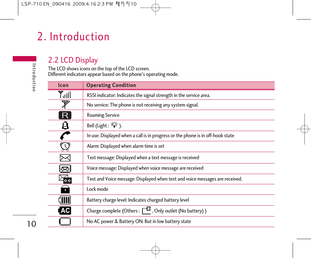 2. IntroductionIntroduction102.2 LCD DisplayThe LCD shows icons on the top of the LCD screen.Different indicators appear based on the phone&apos;s operating mode.Lock modeIIccoonnOOppeerraattiinngg  CCoonnddiittiioonnRSSI indicator: Indicates the signal strength in the service area.No service: The phone is not receiving any system signal.Bell (Light :  ).In use: Displayed when a call is in progress or the phone is in off-hook state Alarm: Displayed when alarm time is setText message: Displayed when a text message is receivedVoice message: Displayed when voice message are receivedText and Voice message: Displayed when text and voice messages are received.Battery charge level: Indicates charged battery levelCharge complete (Others :  , Only outlet (No battery) )No AC power &amp; Battery ON. But in low battery stateRoaming ServiceLSP-710 EN_090416  2009.4.16 2:3 PM  페이지10