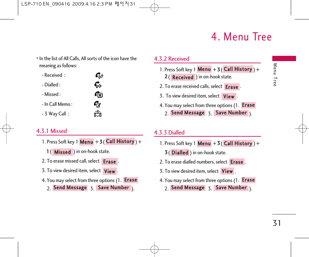 Menu Tree4. Menu Tree31*In the list of All Calls, All sorts of the icon have themeaning as follows:- Received  : - Dialled :     - Missed :     - In Call Memo :   - 3 Way Call  :        4.3.1 Missed1. Press Soft key 1 + 33() + 11() in on-hook state.2. To erase missed call, select  .3. To view desired item, select  .4. You may select from three options (1.2. 3. ).4.3.2 Received1. Press Soft key 1 + 33() + 22() in on-hook state.2. To erase received calls, select  . 3.  To view desired item, select  .4. You may select from three options (1.2. 3. ).4.3.3 Dialled1. Press Soft key 1 + 33() + 33() in on-hook state.2. To erase dialled numbers, select  .3. To view desired item, select .4. You may select from three options (1.2. 3. ).SSaavvee  NNuummbbeerrSSeenndd  MMeessssaaggeeEErraasseeVViieewwEErraasseeDDiiaalllleeddCCaallll  HHiissttoorryyMMeennuuSSaavvee  NNuummbbeerrSSeenndd  MMeessssaaggeeEErraasseeVViieewwEErraasseeRReecceeiivveeddCCaallll  HHiissttoorryyMMeennuuSSaavvee  NNuummbbeerrSSeenndd  MMeessssaaggeeEErraasseeVViieewwEErraasseeMMiisssseedd  CCaallll  HHiissttoorryyMMeennuuLSP-710 EN_090416  2009.4.16 2:3 PM  페이지31