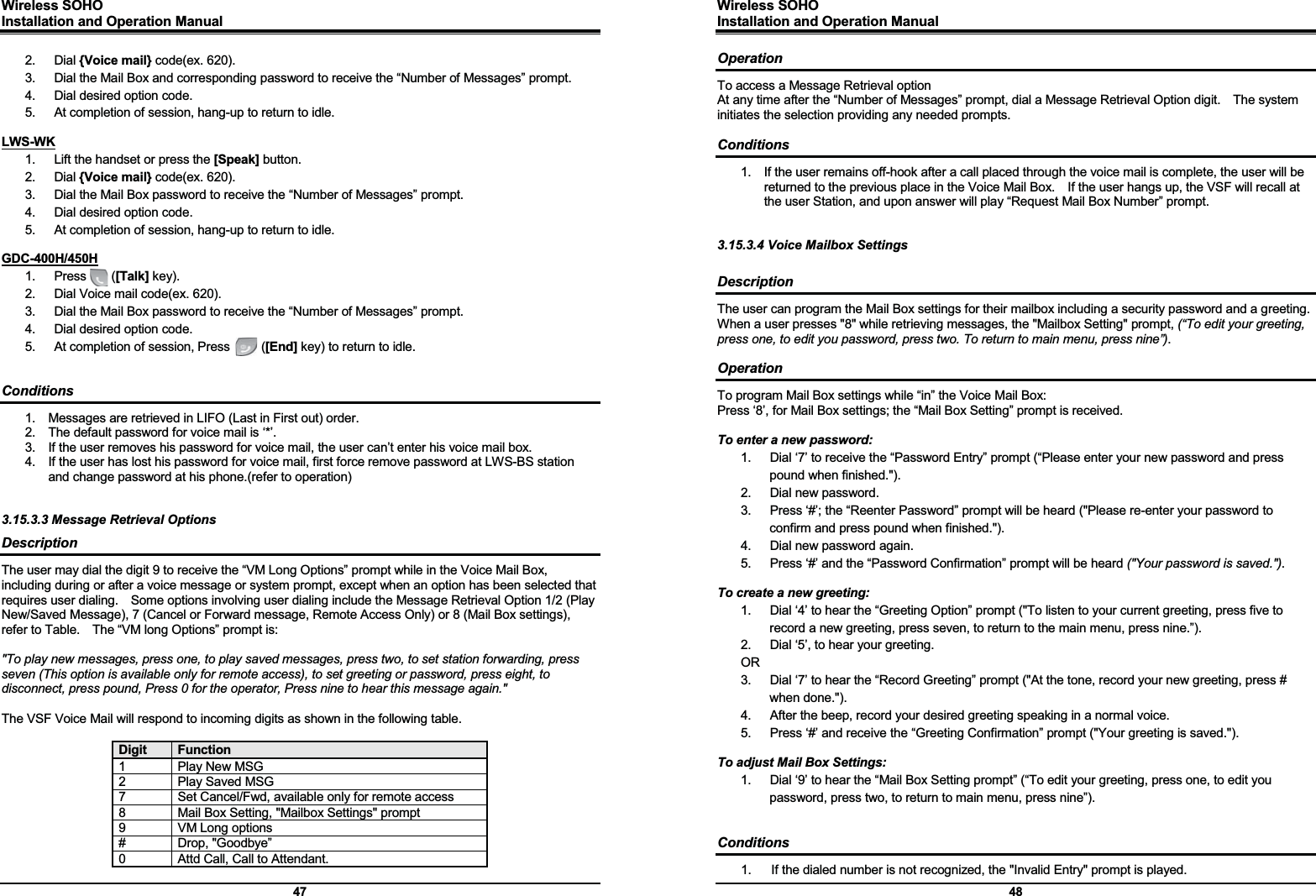 Wireless SOHO         Installation and Operation Manual      47 2. Dial {Voice mail} code(ex. 620). 3.  Dial the Mail Box and corresponding password to receive the “Number of Messages” prompt. 4.  Dial desired option code. 5.  At completion of session, hang-up to return to idle.  LWS-WK 1.  Lift the handset or press the [Speak] button. 2. Dial {Voice mail} code(ex. 620). 3.  Dial the Mail Box password to receive the “Number of Messages” prompt. 4.  Dial desired option code. 5.  At completion of session, hang-up to return to idle.  GDC-400H/450H 1.  Press    ([Talk] key). 2.  Dial Voice mail code(ex. 620). 3.  Dial the Mail Box password to receive the “Number of Messages” prompt. 4.  Dial desired option code. 5.  At completion of session, Press          ([End] key) to return to idle.   Conditions 1.  Messages are retrieved in LIFO (Last in First out) order. 2.  The default password for voice mail is ‘*’. 3.  If the user removes his password for voice mail, the user can’t enter his voice mail box. 4.  If the user has lost his password for voice mail, first force remove password at LWS-BS station and change password at his phone.(refer to operation)   3.15.3.3 Message Retrieval Options Description The user may dial the digit 9 to receive the “VM Long Options” prompt while in the Voice Mail Box, including during or after a voice message or system prompt, except when an option has been selected that requires user dialing.    Some options involving user dialing include the Message Retrieval Option 1/2 (Play New/Saved Message), 7 (Cancel or Forward message, Remote Access Only) or 8 (Mail Box settings), refer to Table.    The “VM long Options” prompt is:  &quot;To play new messages, press one, to play saved messages, press two, to set station forwarding, press seven (This option is available only for remote access), to set greeting or password, press eight, to disconnect, press pound, Press 0 for the operator, Press nine to hear this message again.&quot;  The VSF Voice Mail will respond to incoming digits as shown in the following table.  Digit  Function 1 Play New MSG 2 Play Saved MSG 7  Set Cancel/Fwd, available only for remote access 8  Mail Box Setting, &quot;Mailbox Settings&quot; prompt 9  VM Long options # Drop, &quot;Goodbye” 0  Attd Call, Call to Attendant. Wireless SOHO         Installation and Operation Manual      48 Operation To access a Message Retrieval option At any time after the “Number of Messages” prompt, dial a Message Retrieval Option digit.    The system initiates the selection providing any needed prompts.  Conditions 1.  If the user remains off-hook after a call placed through the voice mail is complete, the user will be returned to the previous place in the Voice Mail Box.    If the user hangs up, the VSF will recall at the user Station, and upon answer will play “Request Mail Box Number” prompt.   3.15.3.4 Voice Mailbox Settings  Description The user can program the Mail Box settings for their mailbox including a security password and a greeting.   When a user presses &quot;8&quot; while retrieving messages, the &quot;Mailbox Setting&quot; prompt, (“To edit your greeting, press one, to edit you password, press two. To return to main menu, press nine”).   Operation To program Mail Box settings while “in” the Voice Mail Box: Press ‘8’, for Mail Box settings; the “Mail Box Setting” prompt is received.  To enter a new password: 1.  Dial ‘7’ to receive the “Password Entry” prompt (“Please enter your new password and press pound when finished.&quot;). 2.  Dial new password. 3.  Press ‘#’; the “Reenter Password” prompt will be heard (&quot;Please re-enter your password to confirm and press pound when finished.&quot;). 4.  Dial new password again. 5.  Press ‘#’ and the “Password Confirmation” prompt will be heard (&quot;Your password is saved.&quot;).  To create a new greeting: 1.  Dial ‘4’ to hear the “Greeting Option” prompt (&quot;To listen to your current greeting, press five to record a new greeting, press seven, to return to the main menu, press nine.”). 2.  Dial ‘5’, to hear your greeting. OR 3.  Dial ‘7’ to hear the “Record Greeting” prompt (&quot;At the tone, record your new greeting, press # when done.&quot;). 4.  After the beep, record your desired greeting speaking in a normal voice. 5.  Press ‘#’ and receive the “Greeting Confirmation” prompt (&quot;Your greeting is saved.&quot;).  To adjust Mail Box Settings: 1.  Dial ‘9’ to hear the “Mail Box Setting prompt” (“To edit your greeting, press one, to edit you password, press two, to return to main menu, press nine”).   Conditions 1.  If the dialed number is not recognized, the &quot;Invalid Entry&quot; prompt is played. 
