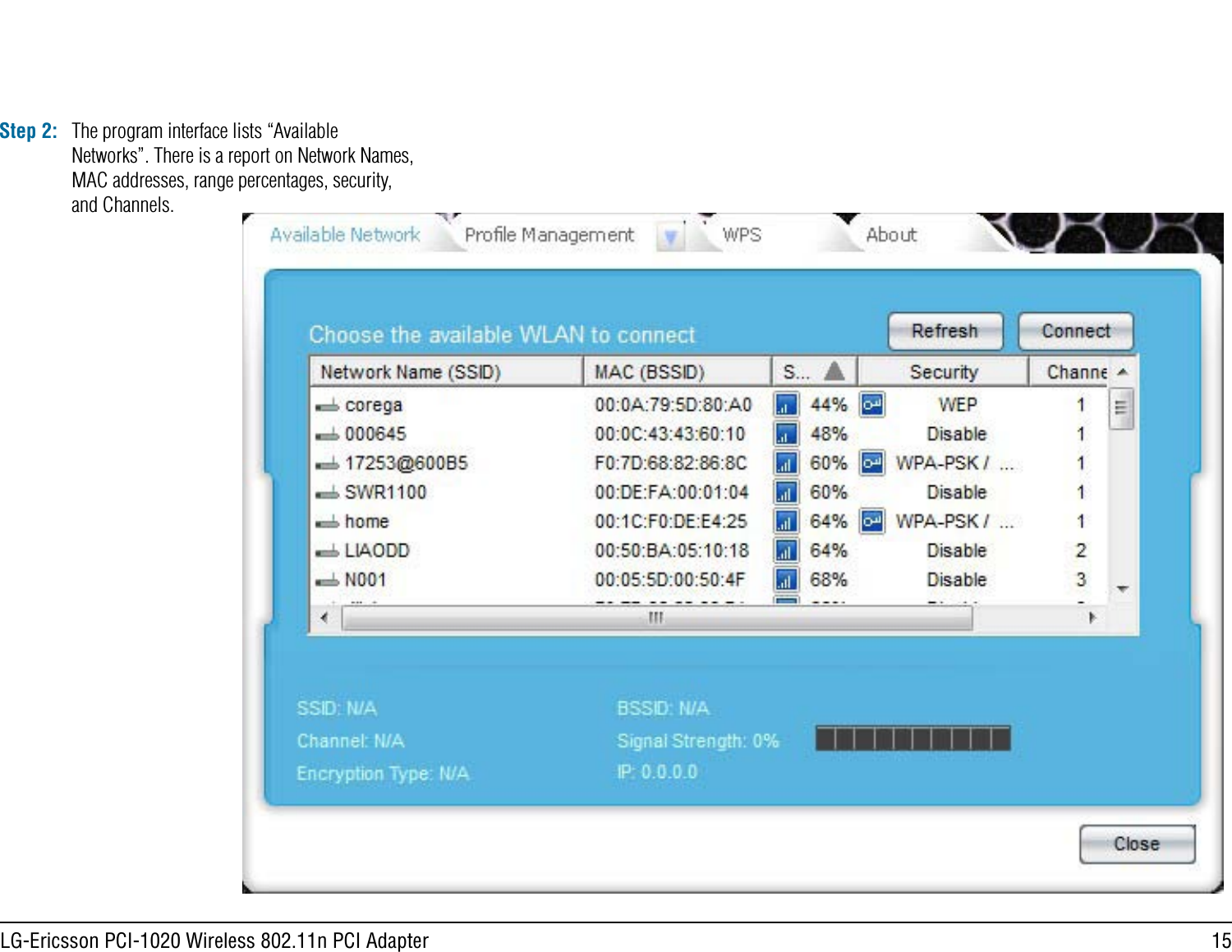 15LG-Ericsson PCI-1020 Wireless 802.11n PCI AdapterStep 2: The program interface lists “Available Networks”. There is a report on Network Names, MAC addresses, range percentages, security, and Channels.