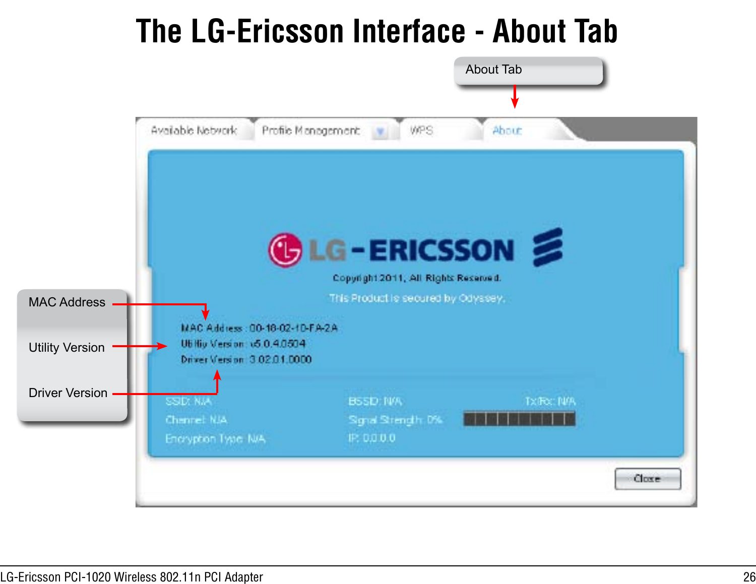 26LG-Ericsson PCI-1020 Wireless 802.11n PCI AdapterThe LG-Ericsson Interface - About TabAbout TabMAC AddressUtility VersionDriver Version