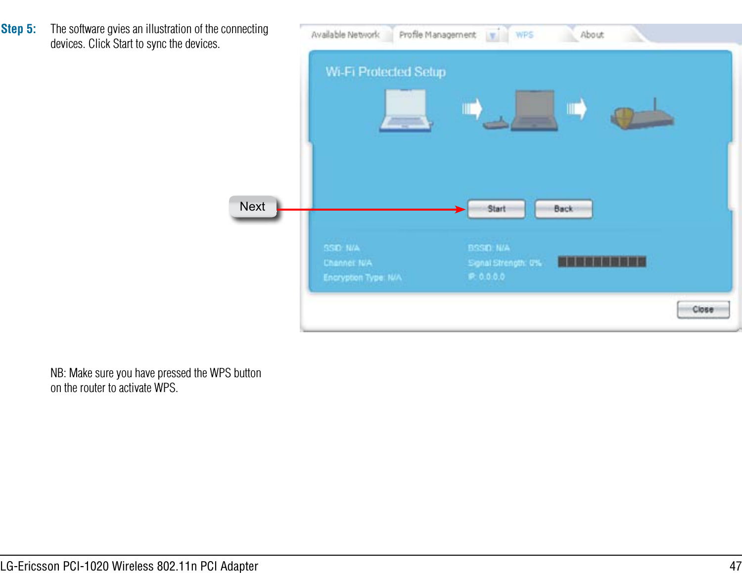 47LG-Ericsson PCI-1020 Wireless 802.11n PCI AdapterStep 5: The software gvies an illustration of the connecting devices. Click Start to sync the devices.NextNB: Make sure you have pressed the WPS button on the router to activate WPS.