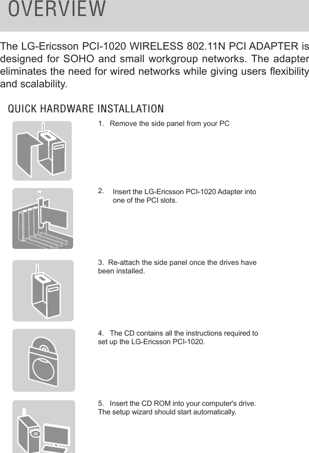 OVERVIEWThe LG-Ericsson PCI-1020 WIRELESS 802.11N PCI ADAPTER is designed for SOHO and small workgroup networks. The adapter eliminates the need for wired networks while giving users exibility and scalability. QUICK HARDWARE INSTALLATION1.   Remove the side panel from your PC2.3.  Re-attach the side panel once the drives have been installed. 4.  The CD contains all the instructions required to set up the LG-Ericsson PCI-1020.5.  Insert the CD ROM into your computer&apos;s drive. The setup wizard should start automatically. Insert the LG-Ericsson PCI-1020 Adapter into one of the PCI slots.