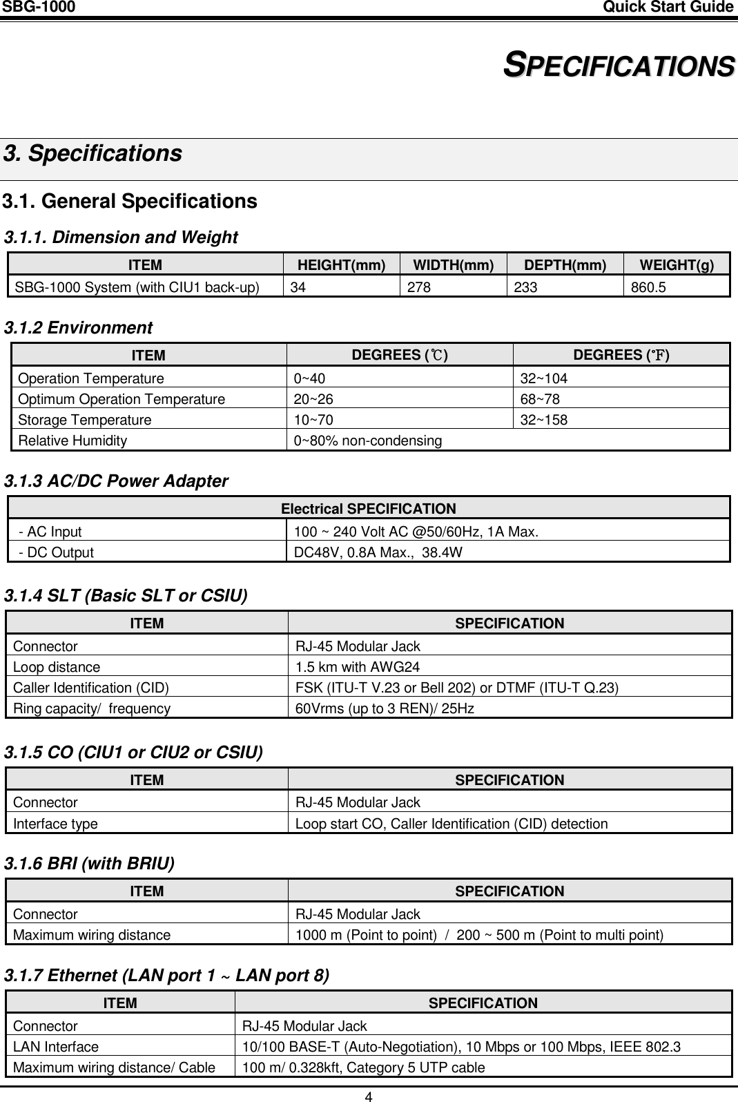 SBG-1000                                                                                                                            Quick Start Guide    4 3 SSPPEECCIIFFIICCAATTIIOONNSS  3. Specifications 3.1. General Specifications 3.1.1. Dimension and Weight ITEM HEIGHT(mm) WIDTH(mm) DEPTH(mm) WEIGHT(g) SBG-1000 System (with CIU1 back-up) 34 278 233 860.5  3.1.2 Environment ITEM DEGREES (℃) DEGREES (℉) Operation Temperature 0~40 32~104 Optimum Operation Temperature 20~26 68~78 Storage Temperature 10~70 32~158 Relative Humidity 0~80% non-condensing  3.1.3 AC/DC Power Adapter  Electrical SPECIFICATION  - AC Input 100 ~ 240 Volt AC @50/60Hz, 1A Max.  - DC Output DC48V, 0.8A Max.,  38.4W  3.1.4 SLT (Basic SLT or CSIU) ITEM SPECIFICATION Connector RJ-45 Modular Jack Loop distance 1.5 km with AWG24 Caller Identification (CID) FSK (ITU-T V.23 or Bell 202) or DTMF (ITU-T Q.23) Ring capacity/  frequency 60Vrms (up to 3 REN)/ 25Hz  3.1.5 CO (CIU1 or CIU2 or CSIU) ITEM SPECIFICATION Connector RJ-45 Modular Jack Interface type Loop start CO, Caller Identification (CID) detection  3.1.6 BRI (with BRIU) ITEM SPECIFICATION Connector RJ-45 Modular Jack Maximum wiring distance 1000 m (Point to point)  /  200 ~ 500 m (Point to multi point)   3.1.7 Ethernet (LAN port 1 ~ LAN port 8) ITEM SPECIFICATION Connector RJ-45 Modular Jack LAN Interface 10/100 BASE-T (Auto-Negotiation), 10 Mbps or 100 Mbps, IEEE 802.3 Maximum wiring distance/ Cable 100 m/ 0.328kft, Category 5 UTP cable 