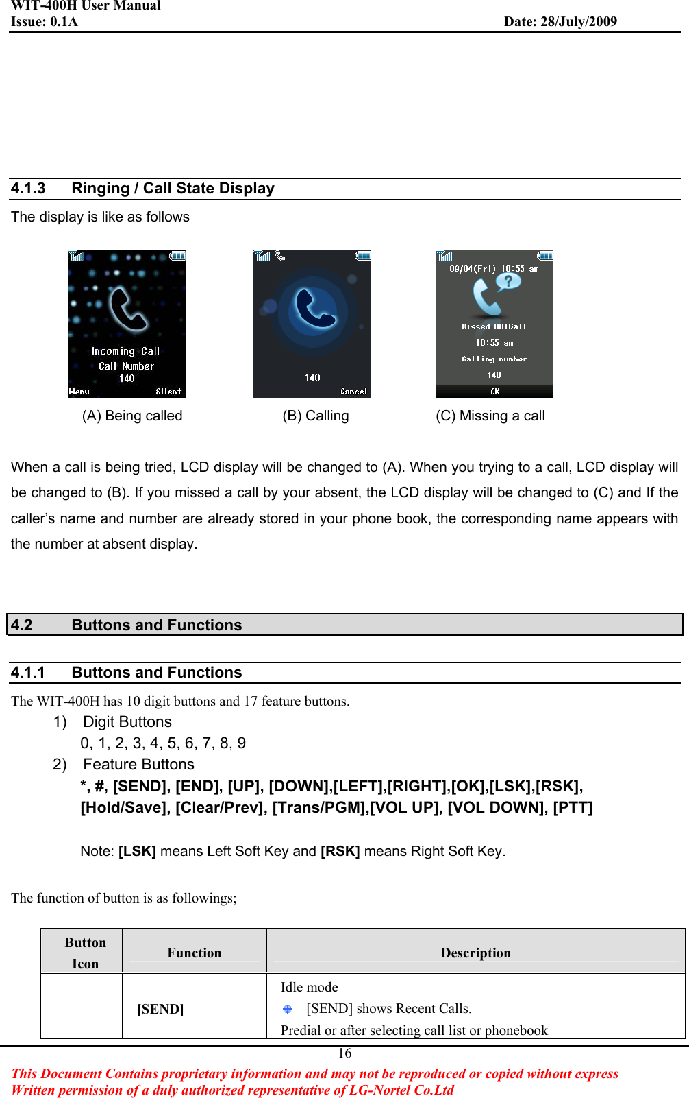WIT-400H User Manual Issue: 0.1A                         Date: 28/July/2009This Document Contains proprietary information and may not be reproduced or copied without express   Written permission of a duly authorized representative of LG-Nortel Co.Ltd 164.1.3  Ringing / Call State Display The display is like as follows (A) Being called              (B) Calling             (C) Missing a call When a call is being tried, LCD display will be changed to (A). When you trying to a call, LCD display will be changed to (B). If you missed a call by your absent, the LCD display will be changed to (C) and If the caller’s name and number are already stored in your phone book, the corresponding name appears with the number at absent display. 4.2  Buttons and Functions 4.1.1  Buttons and Functions The WIT-400H has 10 digit buttons and 17 feature buttons. 1)  Digit Buttons 0, 1, 2, 3, 4, 5, 6, 7, 8, 9 2)  Feature Buttons *, #, [SEND], [END], [UP], [DOWN],[LEFT],[RIGHT],[OK],[LSK],[RSK], [Hold/Save], [Clear/Prev], [Trans/PGM],[VOL UP], [VOL DOWN], [PTT] Note: [LSK] means Left Soft Key and [RSK] means Right Soft Key. The function of button is as followings; Button Icon Function  Description  [SEND] Idle mode [SEND] shows Recent Calls. Predial or after selecting call list or phonebook 