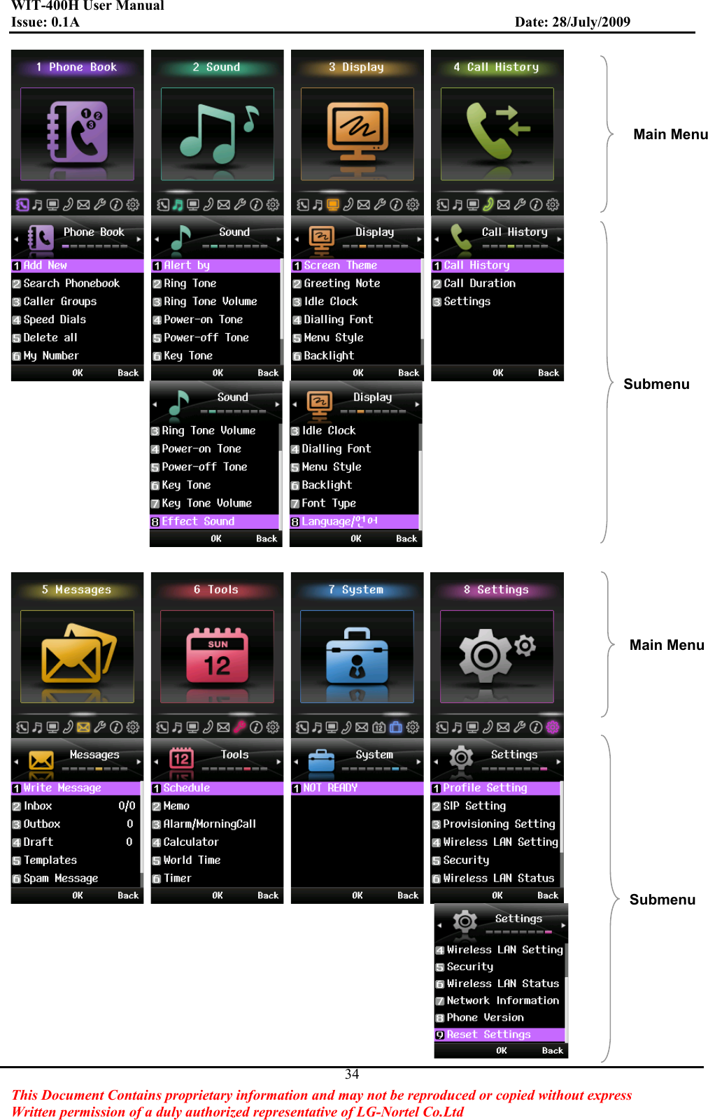 WIT-400H User Manual Issue: 0.1A                         Date: 28/July/2009This Document Contains proprietary information and may not be reproduced or copied without express   Written permission of a duly authorized representative of LG-Nortel Co.Ltd 34                 Main MenuSubmenuMain Menu Submenu