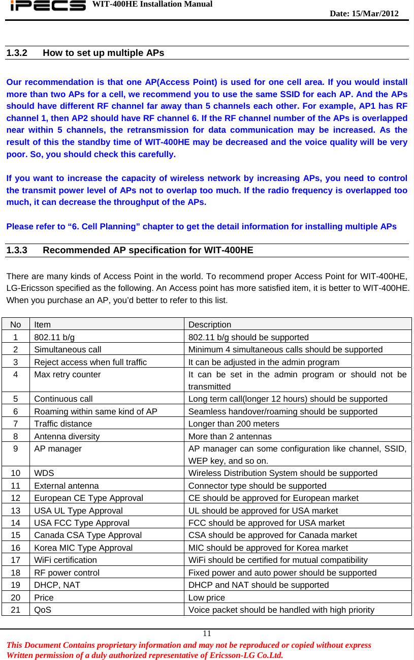 WIT-400HE Installation Manual       Date: 15/M ar/2012   This Document Contains proprietary information and may not be reproduced or copied without express   Written permission of a duly authorized representative of Ericsson-LG Co.Ltd.   11 1.3.2  How to set up multiple APs    Our recommendation is that one AP(Access Point) is used for one cell area. If you would install more than two APs for a cell, we recommend you to use the same SSID for each AP. And the APs should have different RF channel far away than 5 channels each other. For example, AP1 has RF channel 1, then AP2 should have RF channel 6. If the RF channel number of the APs is overlapped near within 5 channels, the retransmission for data communication may be increased. As the result of this the standby time of WIT-400HE may be decreased and the voice quality will be very poor. So, you should check this carefully.  If you want to increase the capacity of wireless network by increasing APs, you need to control the transmit power level of APs not to overlap too much. If the radio frequency is overlapped too much, it can decrease the throughput of the APs.  Please refer to “6. Cell Planning” chapter to get the detail information for installing multiple APs    1.3.3  Recommended AP specification for WIT-400HE  There are many kinds of Access Point in the world. To recommend proper Access Point for WIT-400HE, LG-Ericsson specified as the following. An Access point has more satisfied item, it is better to WIT-400HE. When you purchase an AP, you’d better to refer to this list.  No  Item  Description 1  802.11 b/g  802.11 b/g should be supported 2  Simultaneous call  Minimum 4 simultaneous calls should be supported 3  Reject access when full traffic  It can be adjusted in the admin program 4  Max retry counter  It can be set in the admin program or should not be  transmitted 5  Continuous call  Long term call(longer 12 hours) should be supported 6  Roaming within same kind of AP  Seamless handover/roaming should be supported 7  Traffic distance  Longer than 200 meters 8  Antenna diversity  More than 2 antennas9  AP manager  AP manager can some configuration like channel, SSID, WEP key, and so on. 10  WDS  Wireless Distribution System should be supported 11  External antenna  Connector type should be supported 12  European CE Type Approval  CE should be approved for European market13  USA UL Type Approval  UL should be approved for USA market14  USA FCC Type Approval  FCC should be approved for USA market 15  Canada CSA Type Approval  CSA should be approved for Canada market 16  Korea MIC Type Approval  MIC should be approved for Korea market 17  WiFi certification  WiFi should be certified for mutual compatibility 18  RF power control  Fixed power and auto power should be supported 19  DHCP, NAT  DHCP and NAT should be supported 20 Price  Low price 21  QoS  Voice packet should be handled with high priority  