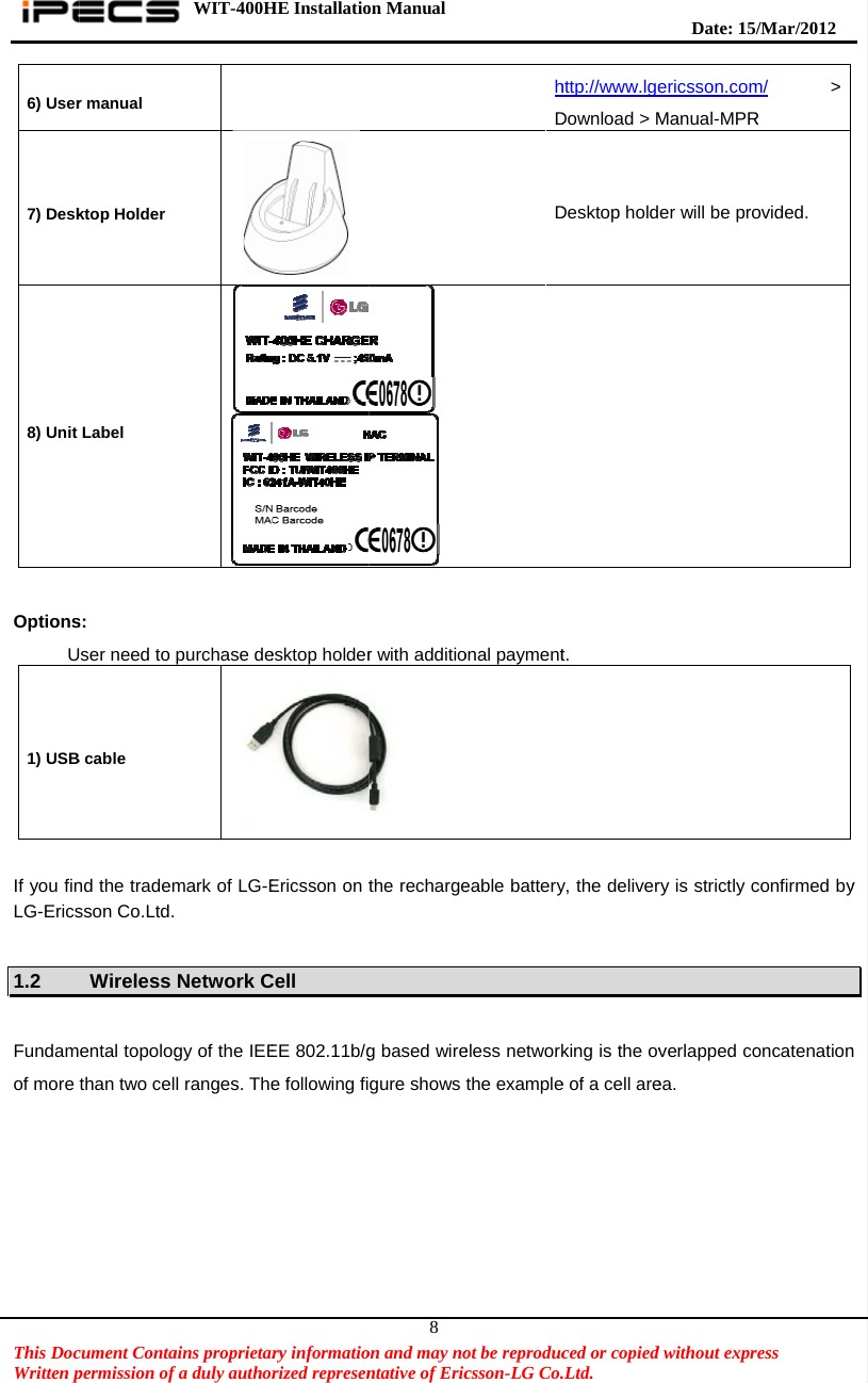    This DocWritten p6) User7) Desk8) Unit  OptionsU1) USB If you finLG-Erics 1.2  Fundamof more  cument Contapermission of r manual ktop Holder Label  s: ser need to B cable nd the trademsson Co.Ltd. Wireless ental topologthan two celWIT-400Hains proprietarfa duly author purchase demark of LG-E Network Cgy of the IEEl ranges. TheHE Installatiory informatiorized represen  esktop holderEricsson on tCell EE 802.11b/ge following fion Manual  on and may nontative of Eric8r with additio  the rechargeg based wiregure shows ot be reproduccsson-LG Co.hDDonal payment eable batteryeless networkthe exampleced or copied.Ltd.   http://www.lgeDownload &gt; MDesktop holdt.  y, the deliverking is the ove of a cell are  Date: 15d without exprericsson.comManual-MPRer will be prory is strictly cverlapped coea.  /M ar/2012 ress  m/ &gt; R ovided. confirmed byoncatenationy n 