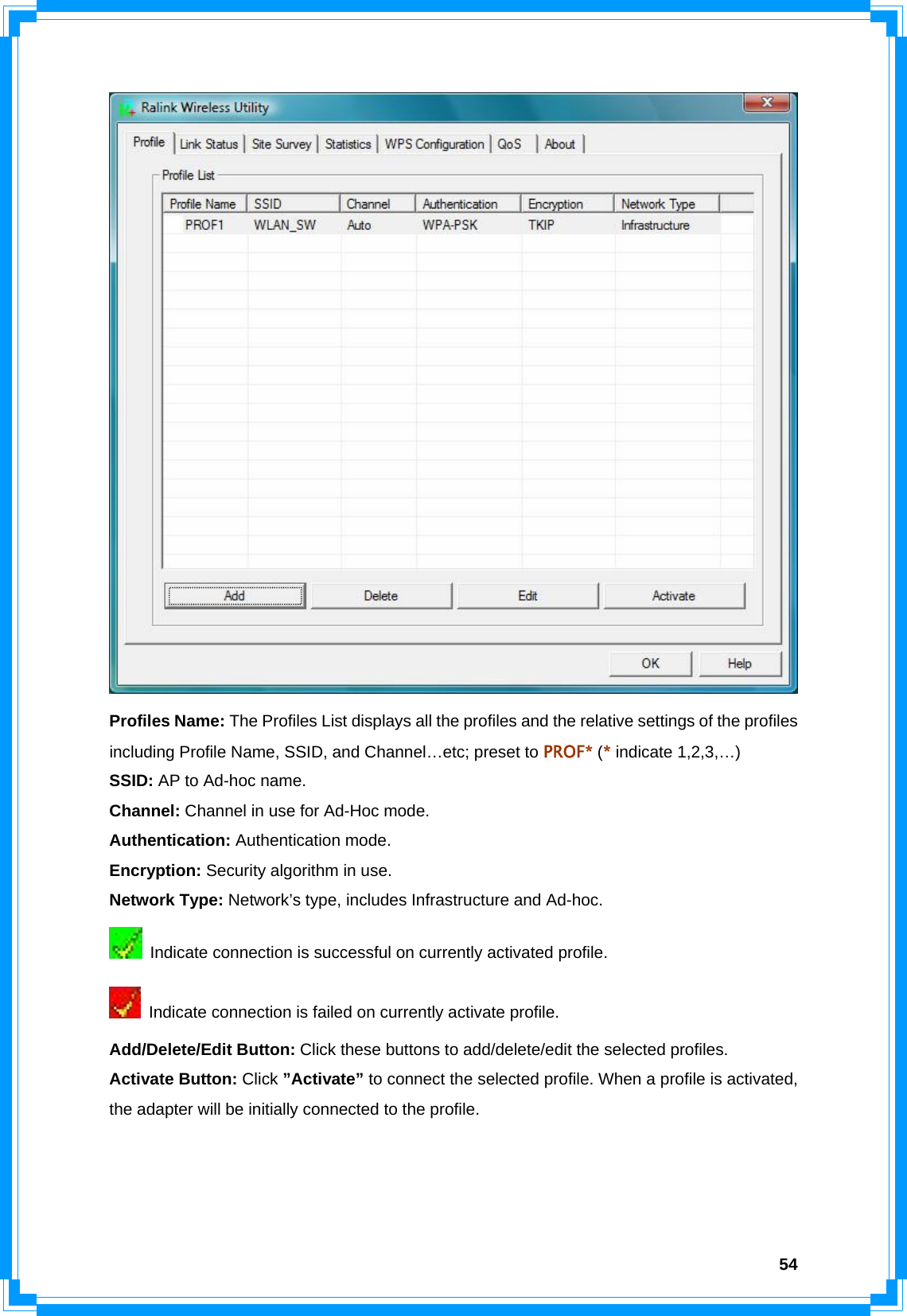  54 Profiles Name: The Profiles List displays all the profiles and the relative settings of the profiles including Profile Name, SSID, and Channel…etc; preset to PROF* (* indicate 1,2,3,…) SSID: AP to Ad-hoc name. Channel: Channel in use for Ad-Hoc mode. Authentication: Authentication mode. Encryption: Security algorithm in use. Network Type: Network’s type, includes Infrastructure and Ad-hoc.   Indicate connection is successful on currently activated profile.   Indicate connection is failed on currently activate profile. Add/Delete/Edit Button: Click these buttons to add/delete/edit the selected profiles. Activate Button: Click ”Activate” to connect the selected profile. When a profile is activated, the adapter will be initially connected to the profile.    