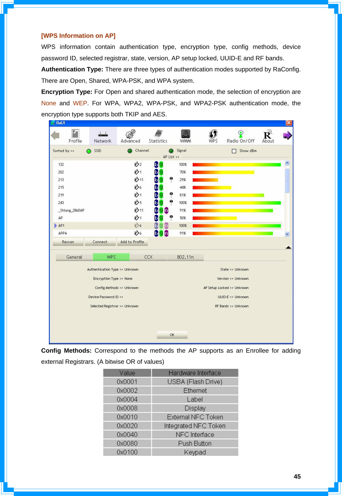  45[WPS Information on AP] WPS information contain authentication type, encryption type, config methods, device password ID, selected registrar, state, version, AP setup locked, UUID-E and RF bands. Authentication Type: There are three types of authentication modes supported by RaConfig. There are Open, Shared, WPA-PSK, and WPA system. Encryption Type: For Open and shared authentication mode, the selection of encryption are None and WEP. For WPA, WPA2, WPA-PSK, and WPA2-PSK authentication mode, the encryption type supports both TKIP and AES.  Config Methods: Correspond to the methods the AP supports as an Enrollee for adding external Registrars. (A bitwise OR of values)  