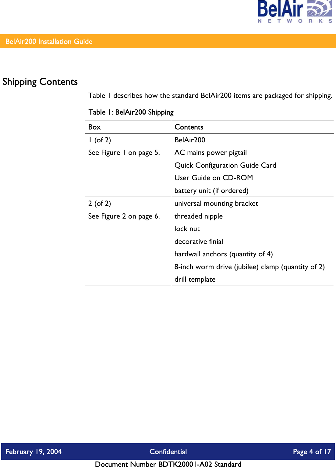    BelAir200 Installation Guide   Shipping Contents Table 1 describes how the standard BelAir200 items are packaged for shipping. Table 1: BelAir200 Shipping Box   Contents 1 (of 2)  See Figure 1 on page 5. BelAir200 AC mains power pigtail Quick Configuration Guide Card User Guide on CD-ROM battery unit (if ordered) 2 (of 2) See Figure 2 on page 6. universal mounting bracket threaded nipple lock nut decorative finial hardwall anchors (quantity of 4) 8-inch worm drive (jubilee) clamp (quantity of 2) drill template February 19, 2004  Confidential  Page 4 of 17   Document Number BDTK20001-A02 Standard   